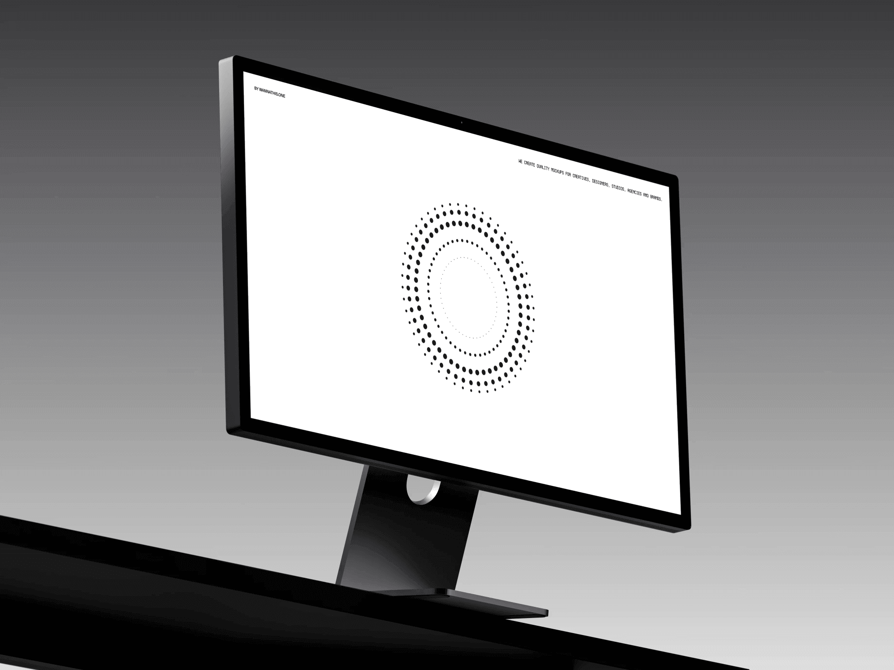 Animated dark Studio Display mockup shown from an angled desk perspective in a minimal dark studio scene