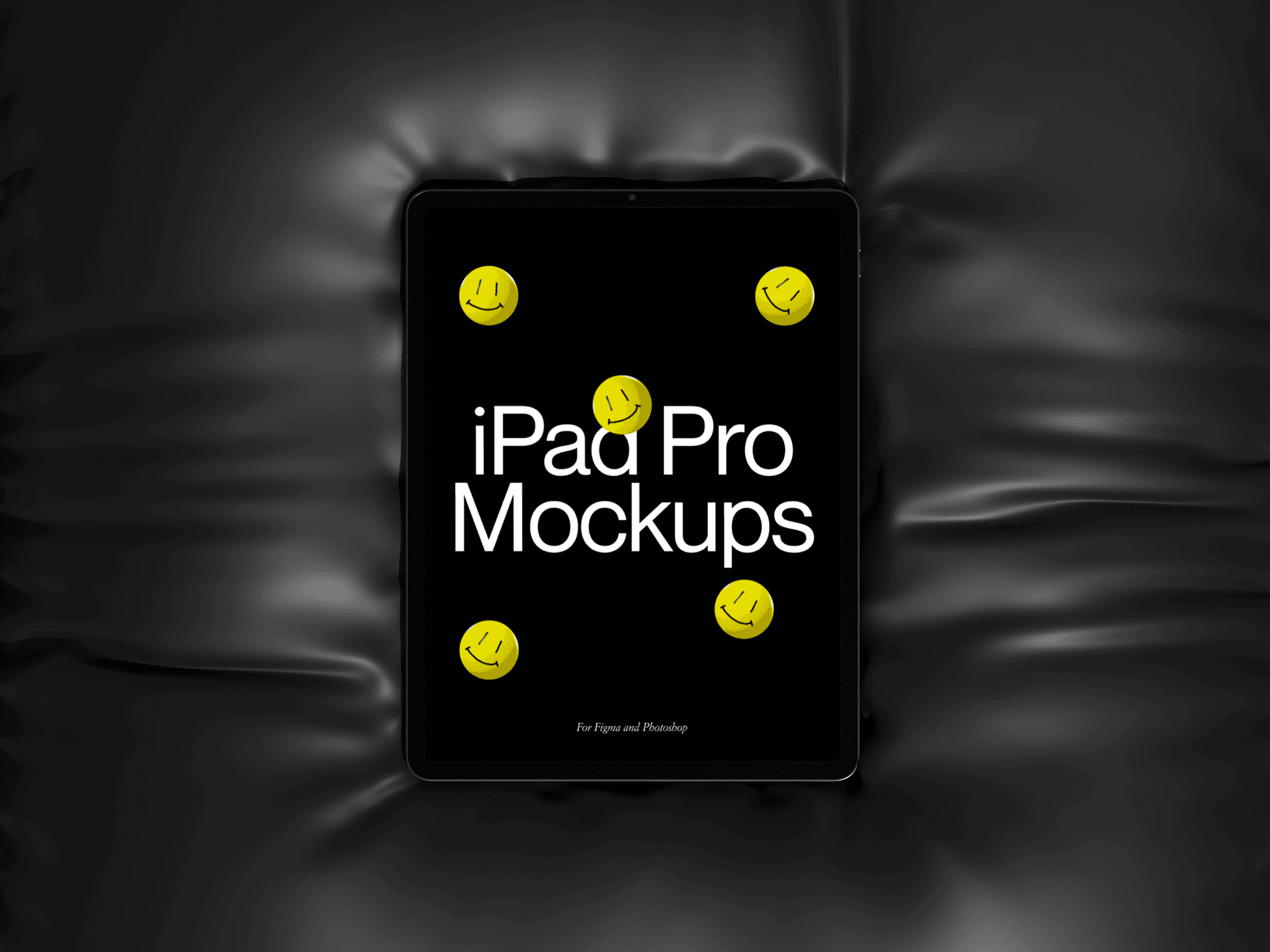 iPad Pro mockup resting on a black leather cushion with floating smiley faces.