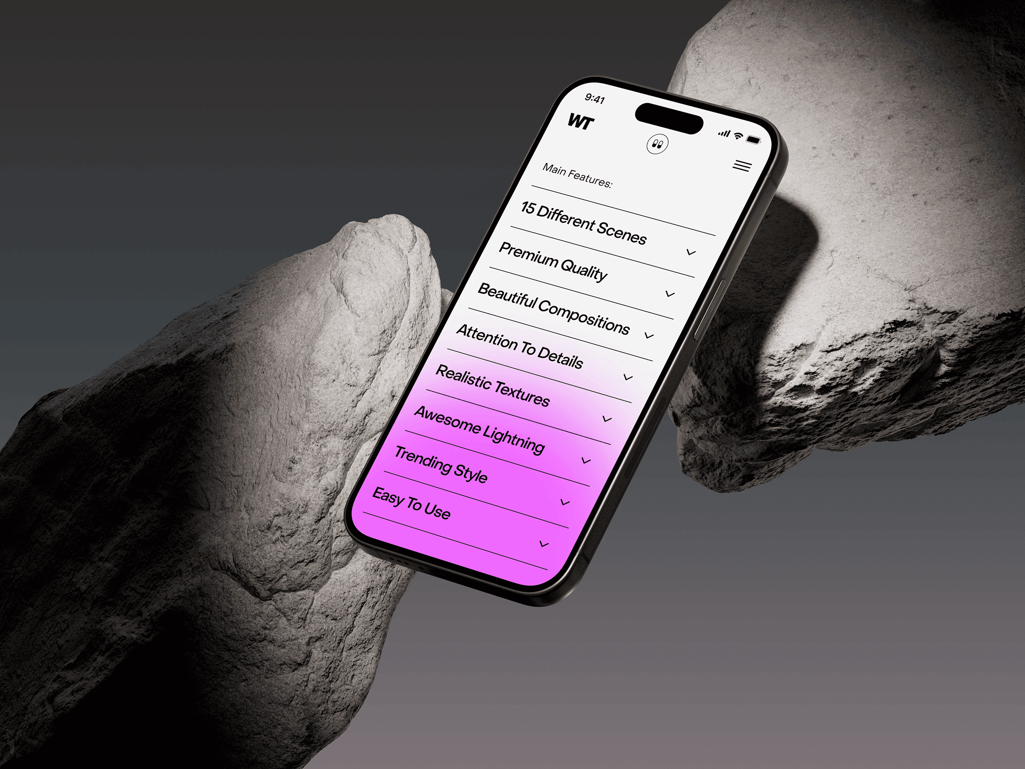 iPhone 15 Pro mockup between two floating rock formations with a UI gradient screen