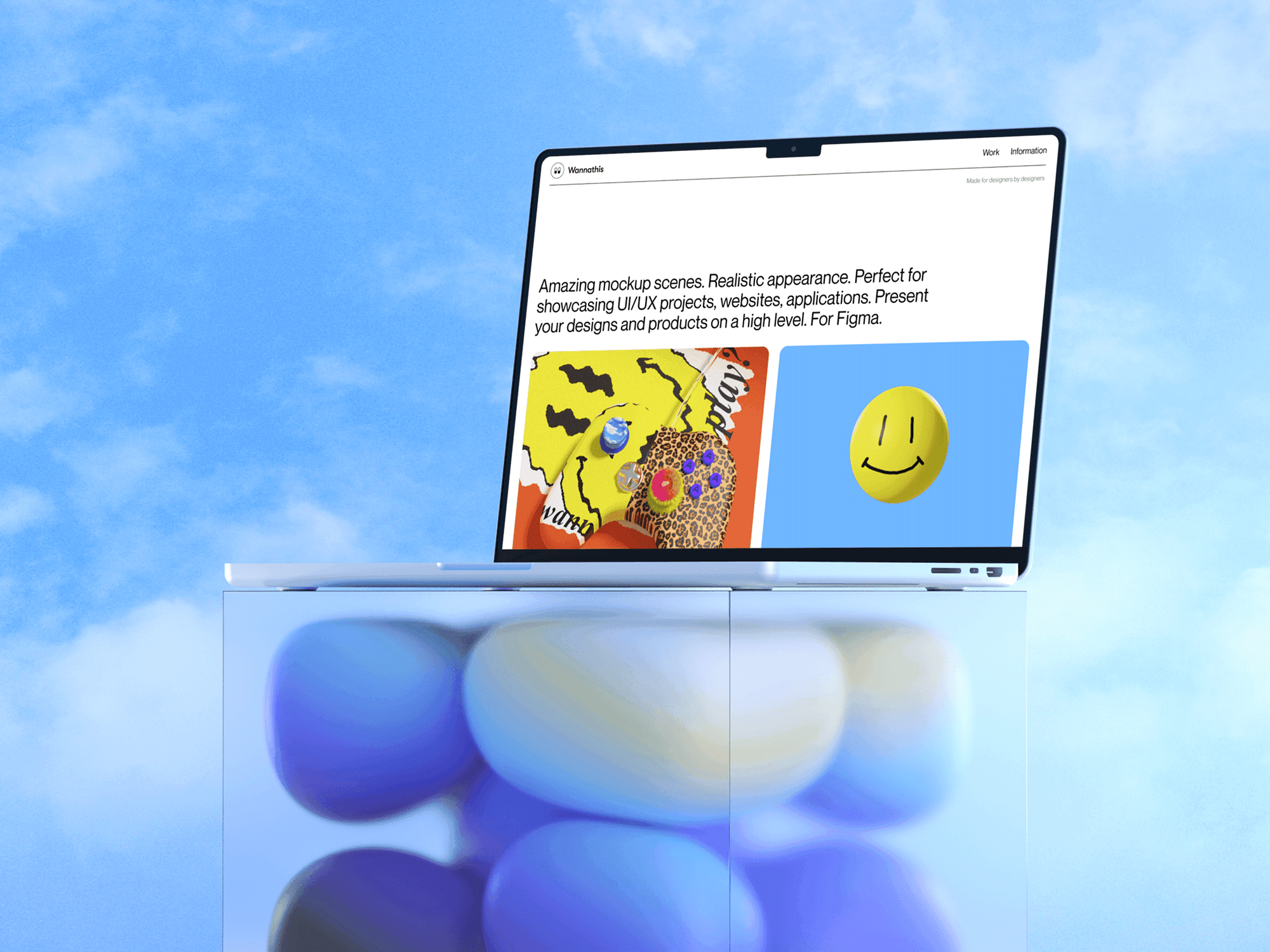 MacBook Pro mockup with a colorful UI on a glass surface