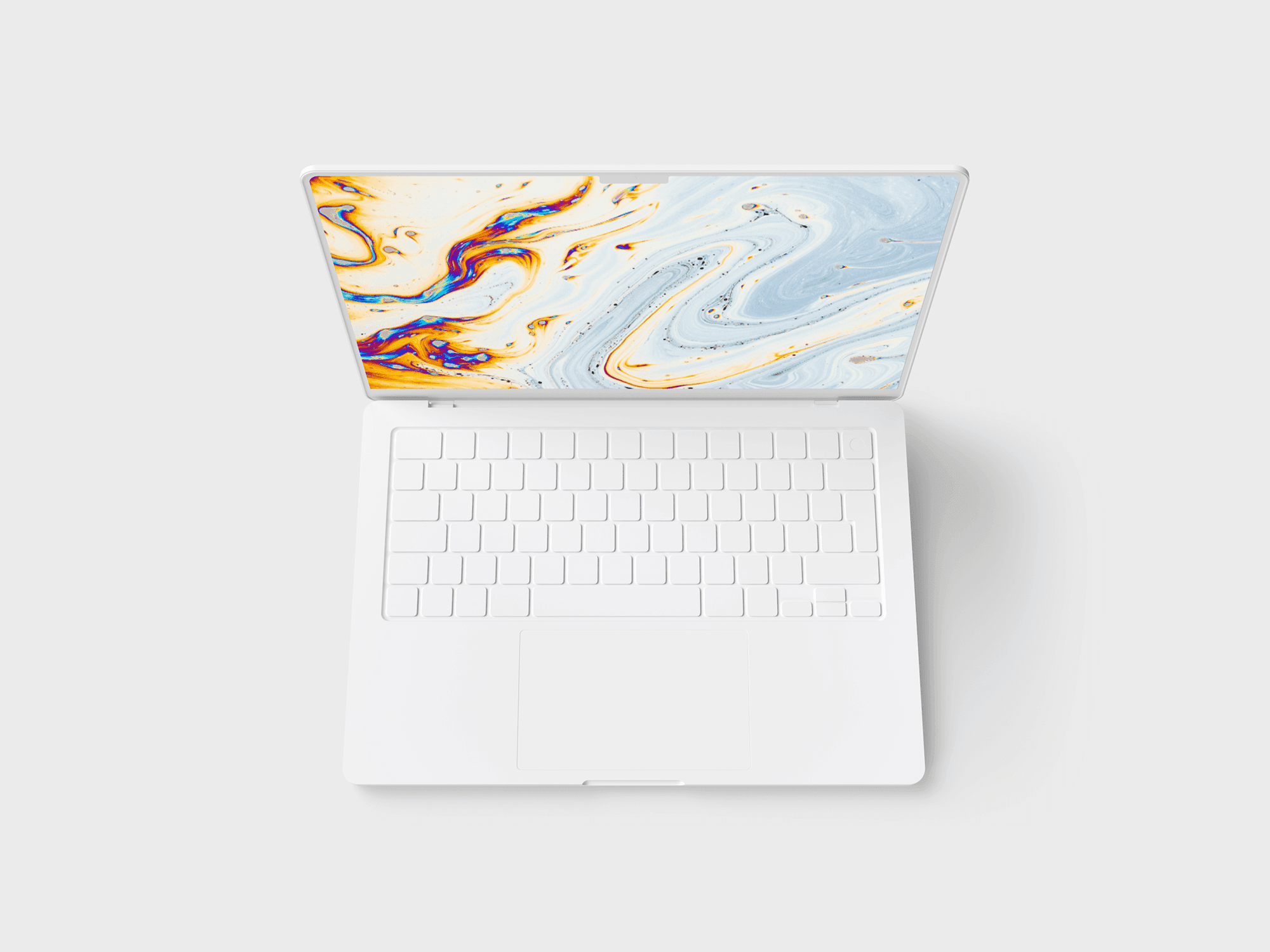 White MacBook Pro viewed from a top-down angle, showcasing the keyboard and screen.