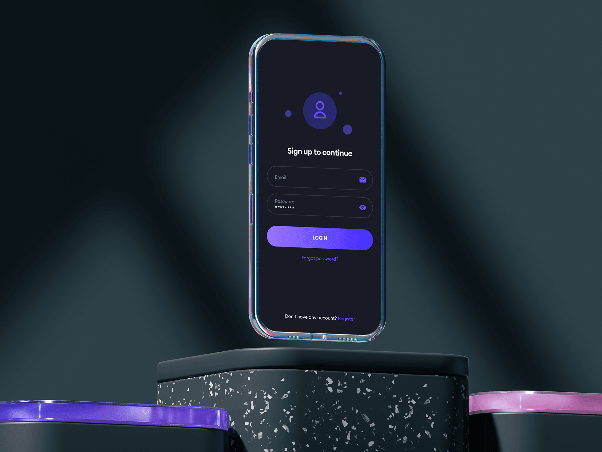 Glass phone mockup on a futuristic dark platform.