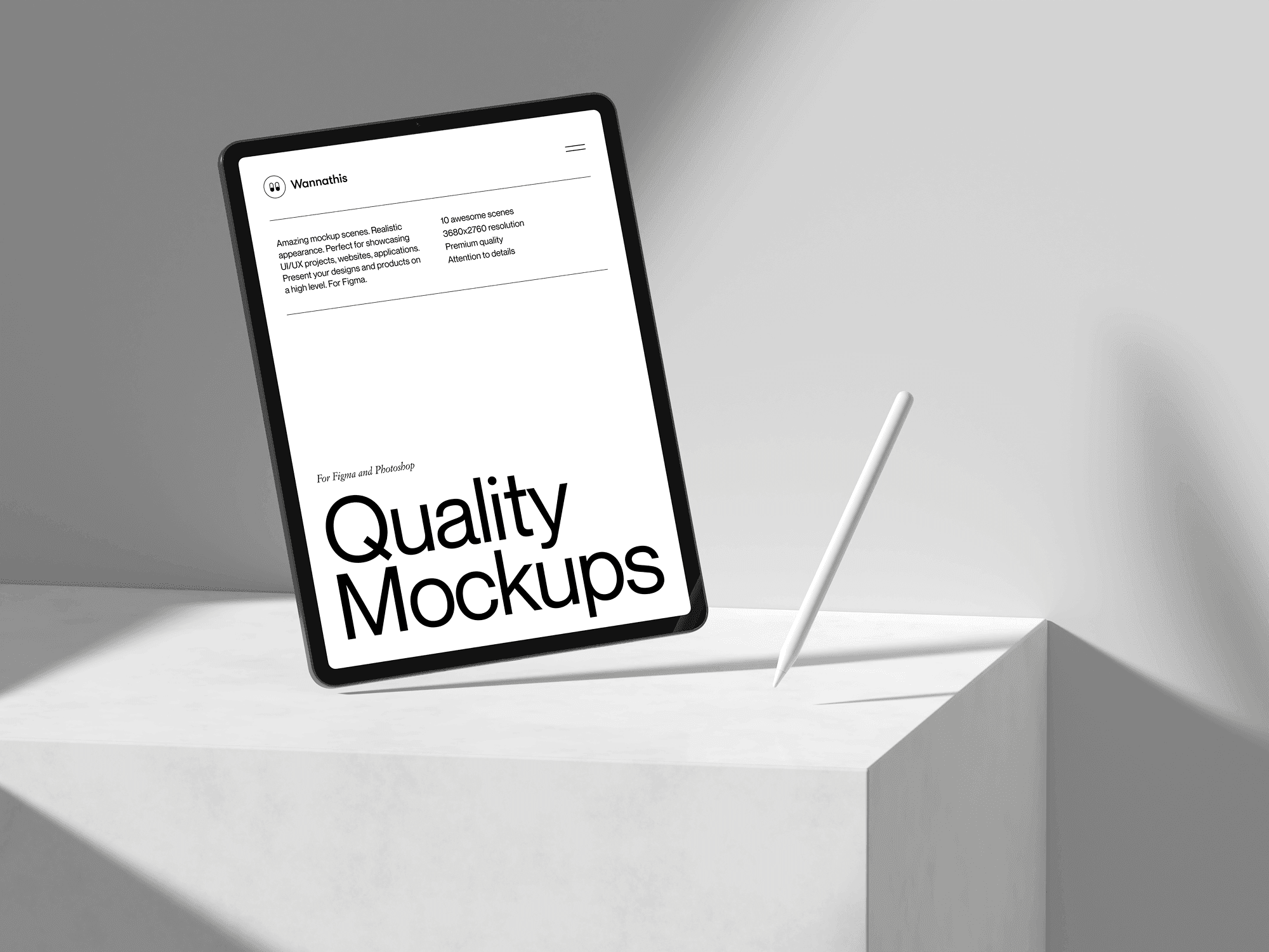 iPad Pro mockup leaning against a white platform with a stylus placed beside it.