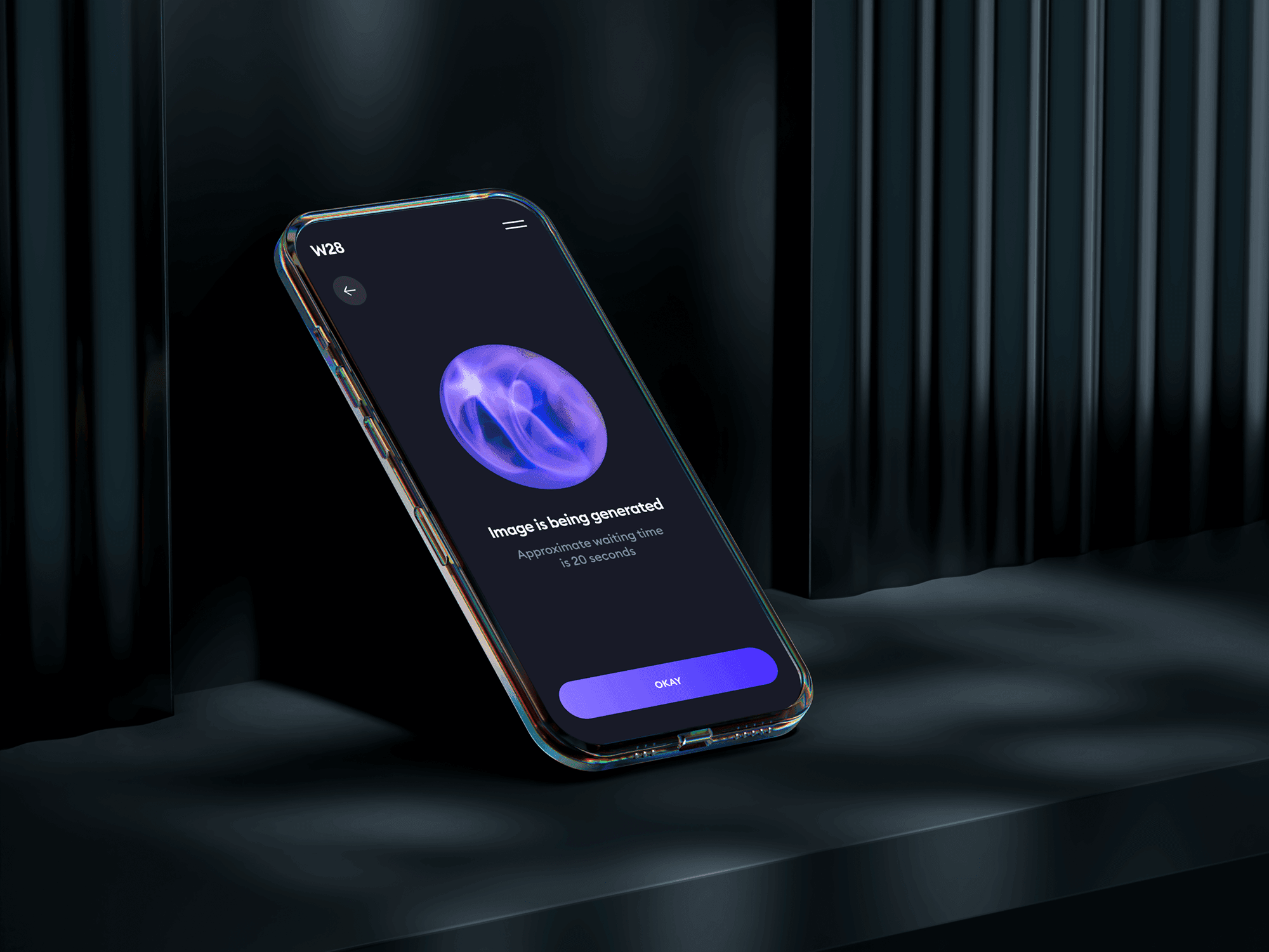Glass phone mockup on a dark reflective surface with a modern aesthetic.