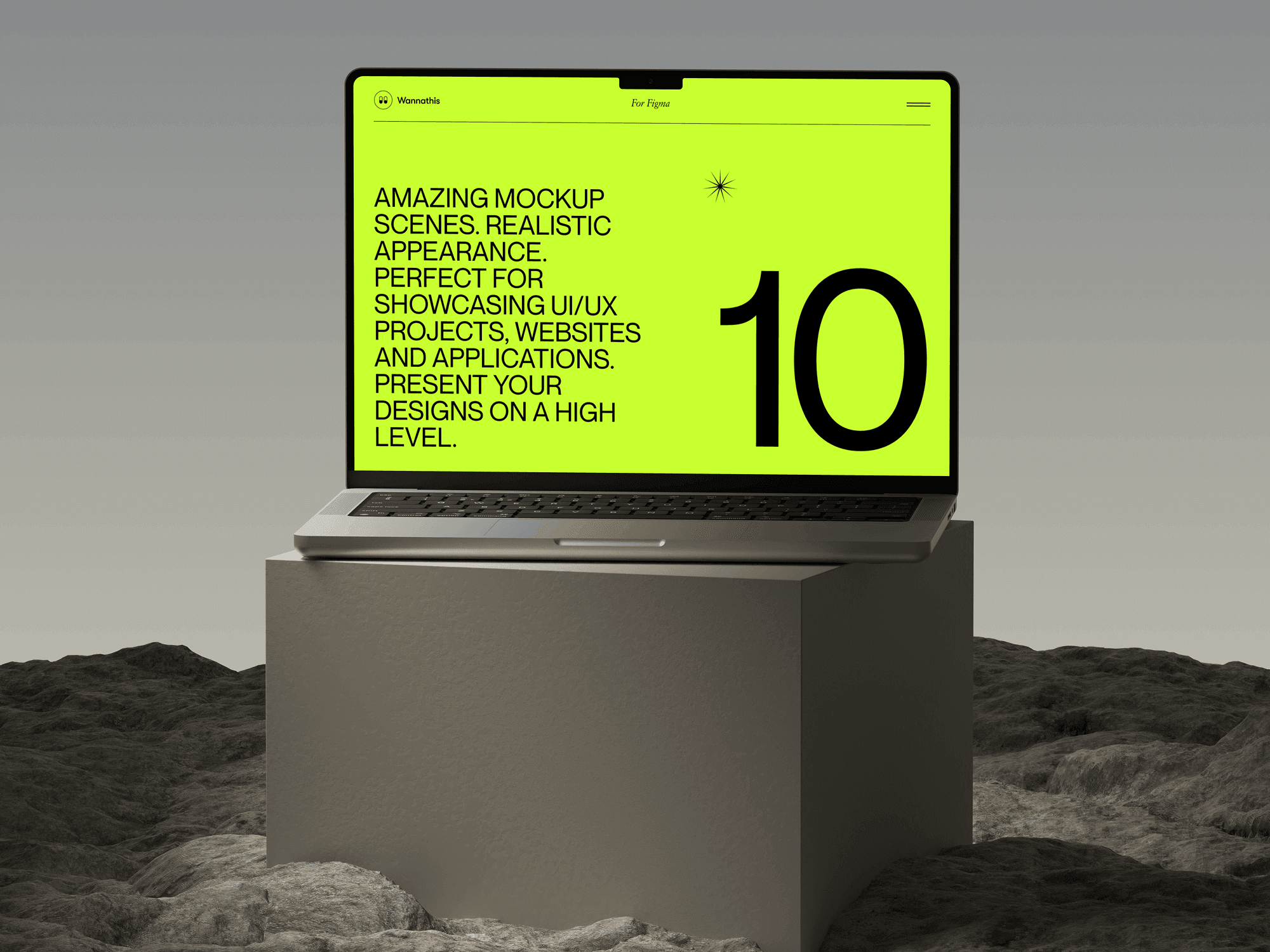 A MacBook Pro mockup with a neon yellow glow in a futuristic setting.