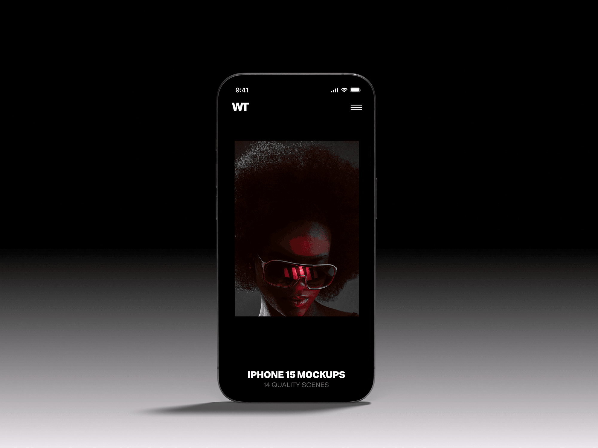 Dark-themed iPhone 15 Pro screen featuring a high-contrast portrait