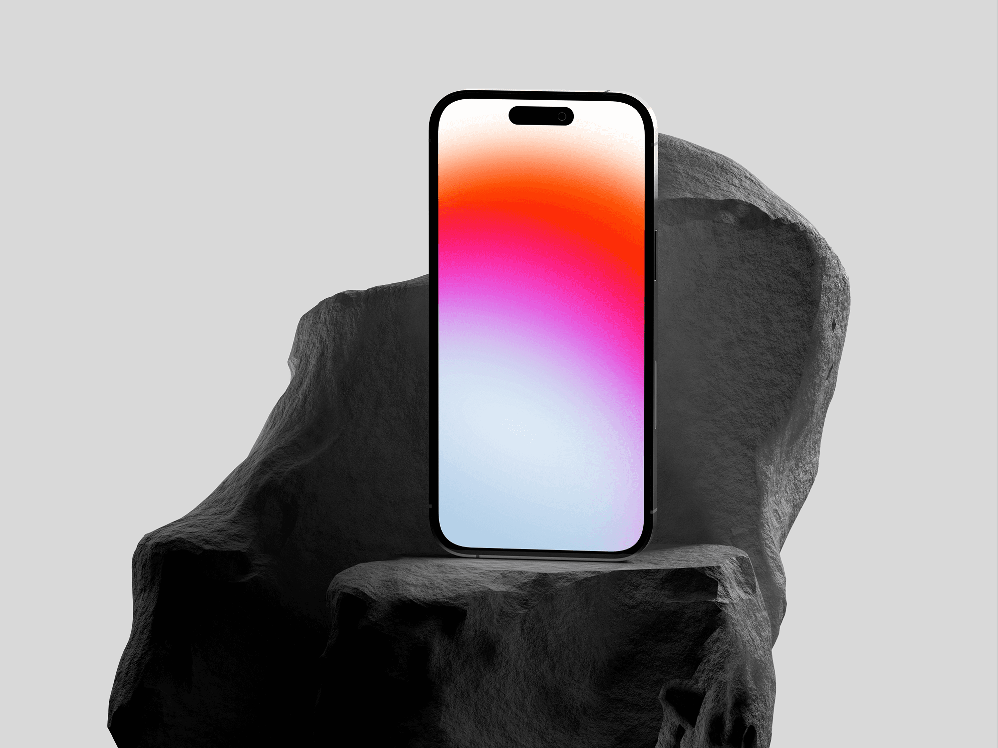 iPhone 14 Pro positioned upright on a rugged black rock.