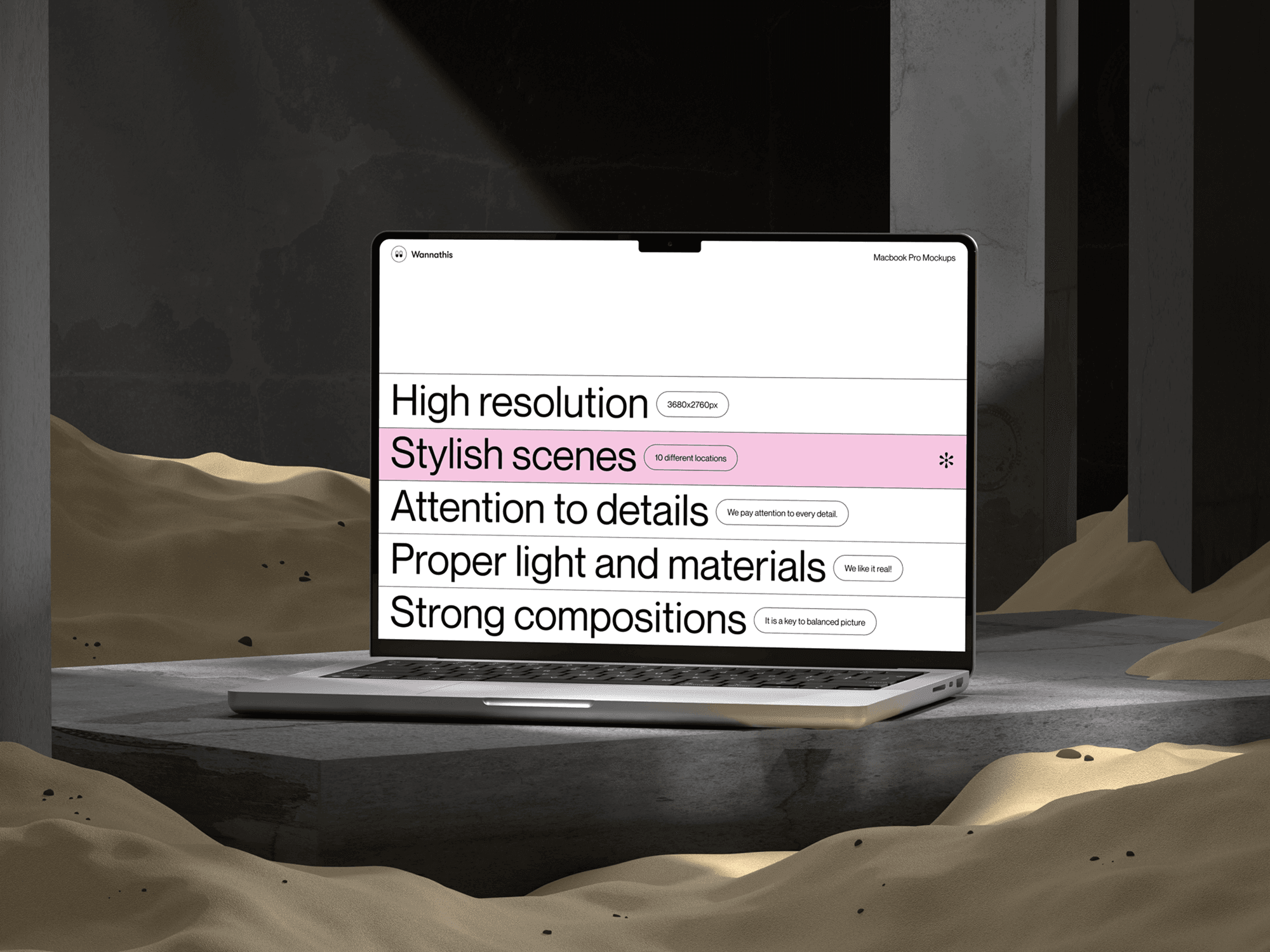 MacBook Pro mockup on a futuristic sandy environment