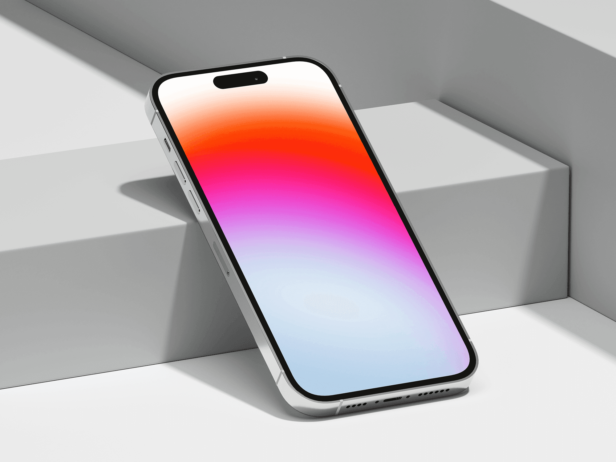 iPhone 14 Pro leaning against modern geometric white steps.