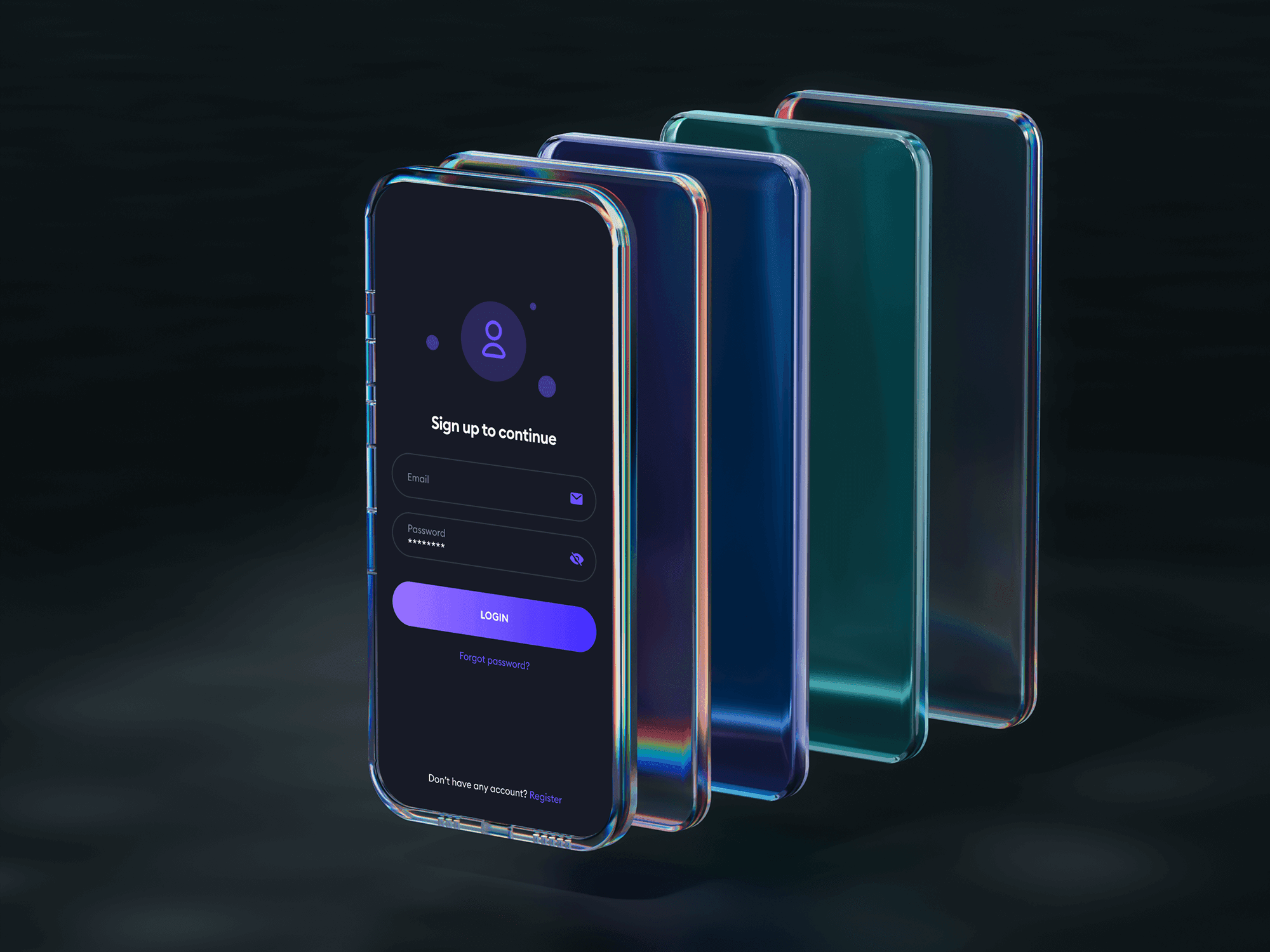 Multiple layered glass phone mockups with neon reflections.