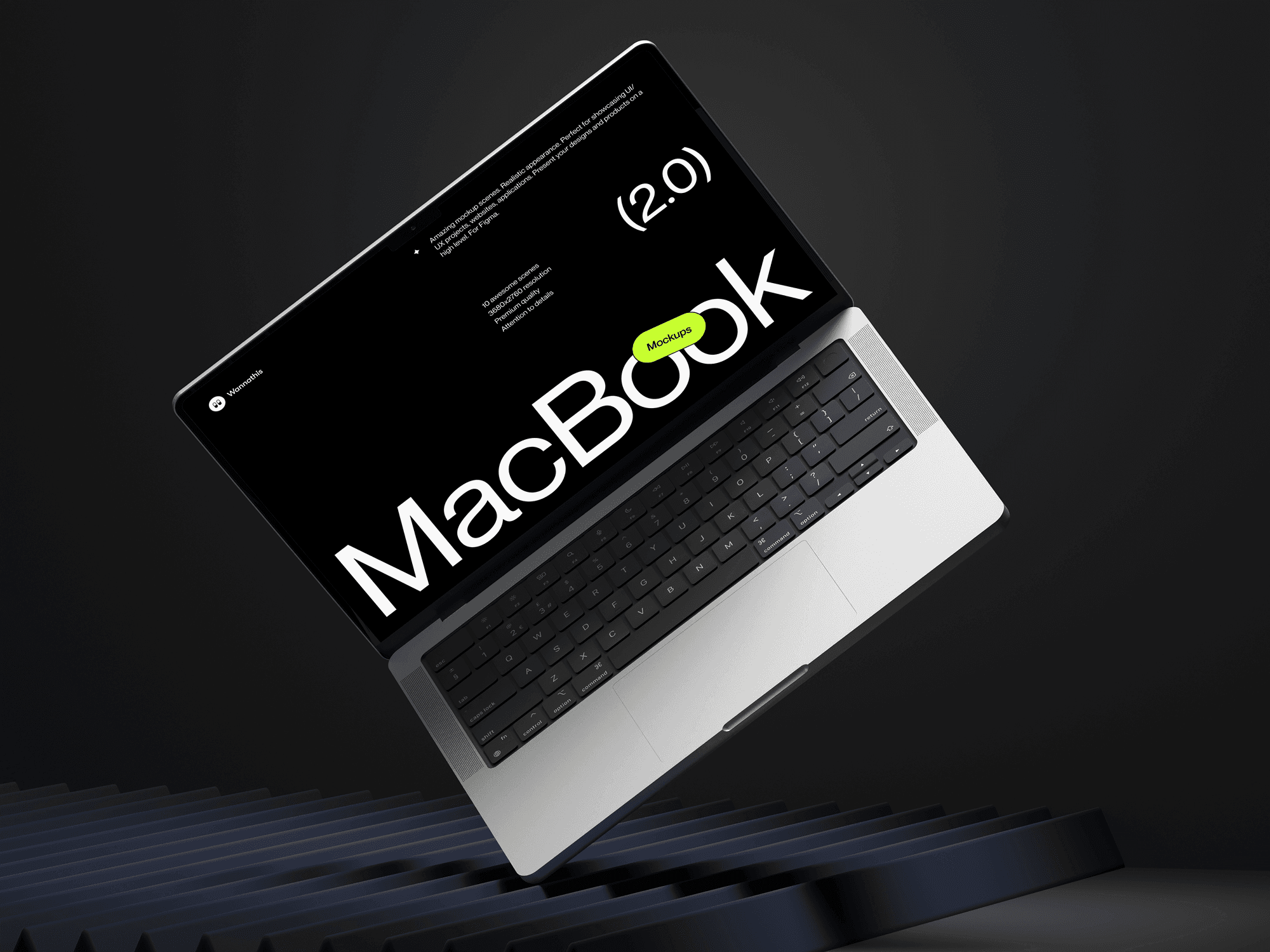 A floating MacBook Pro mockup over a textured, wave-like surface.