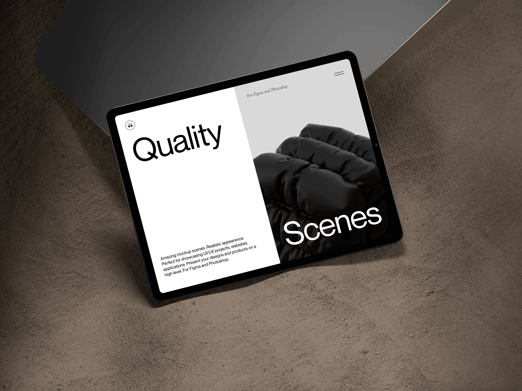 iPad Pro mockup lying flat on a textured dirt surface with high contrast lighting.