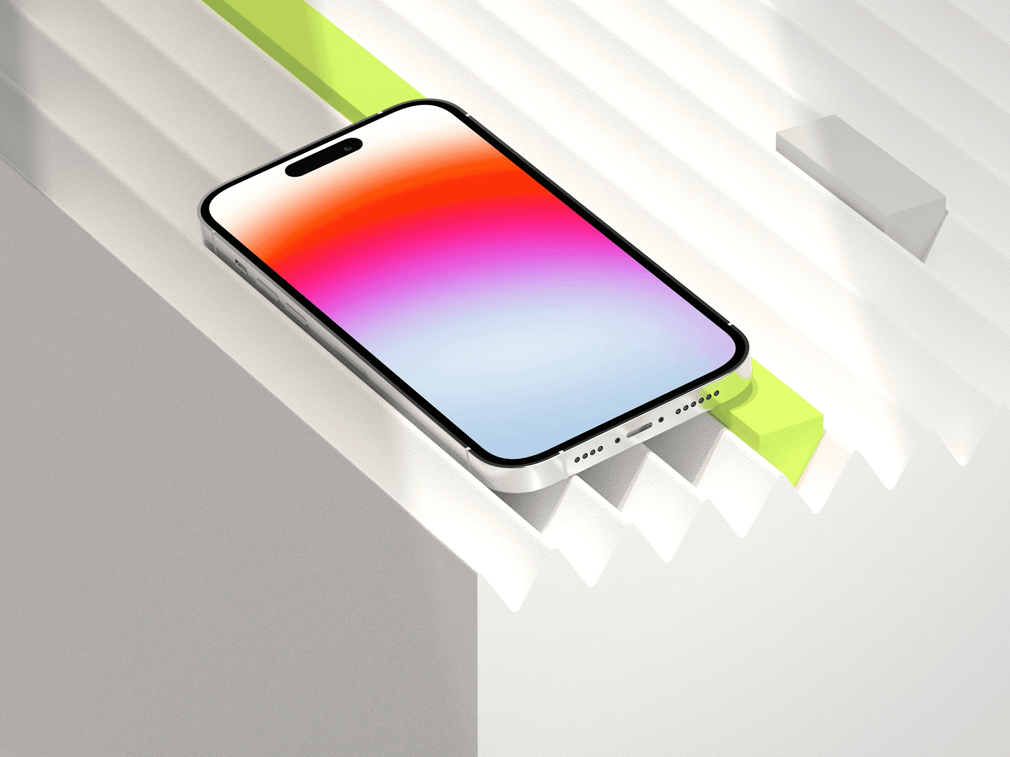 iPhone 14 Pro resting on a white and neon green architectural structure.