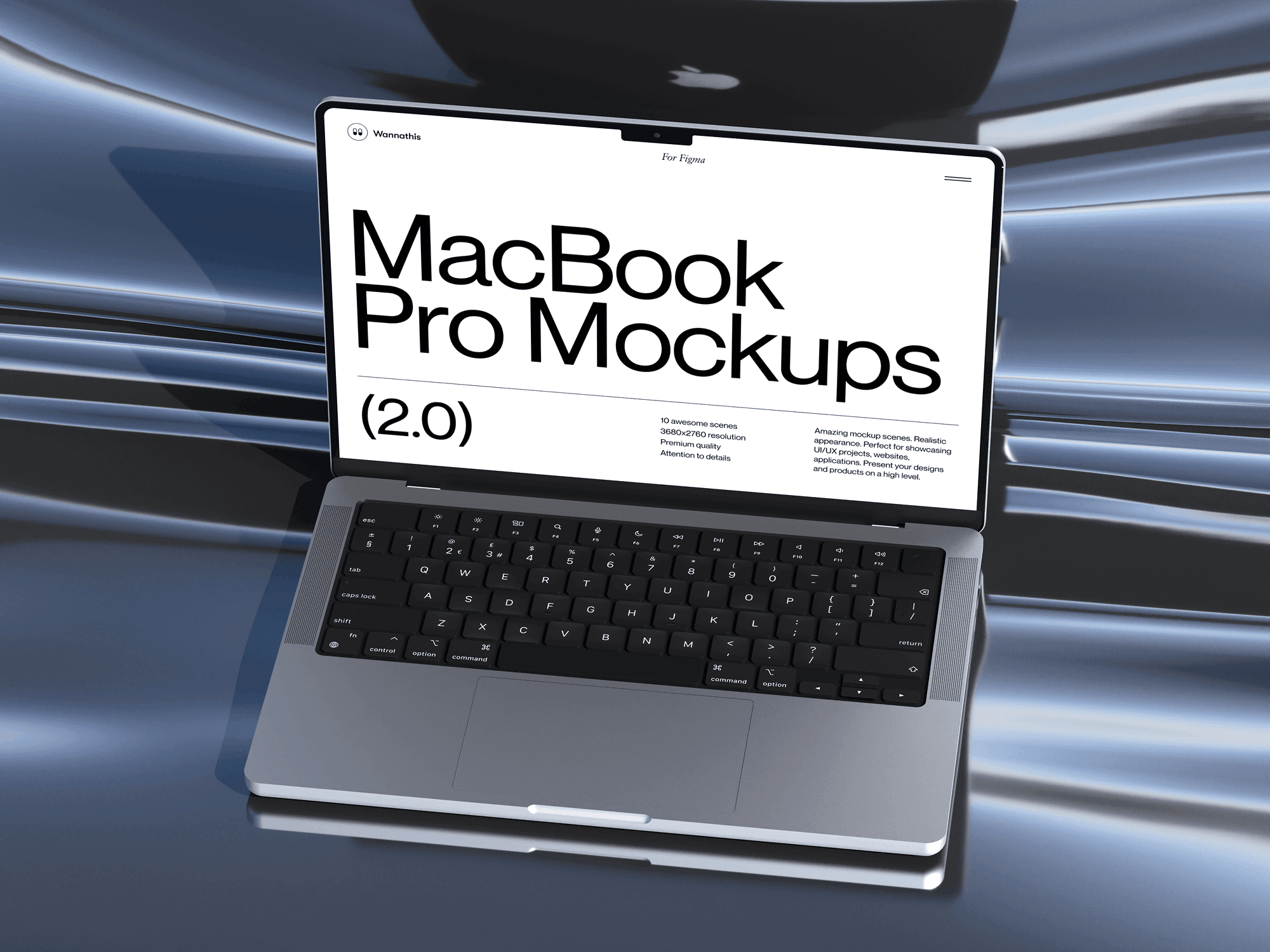 A MacBook Pro mockup placed on a surreal surface with high contrast.