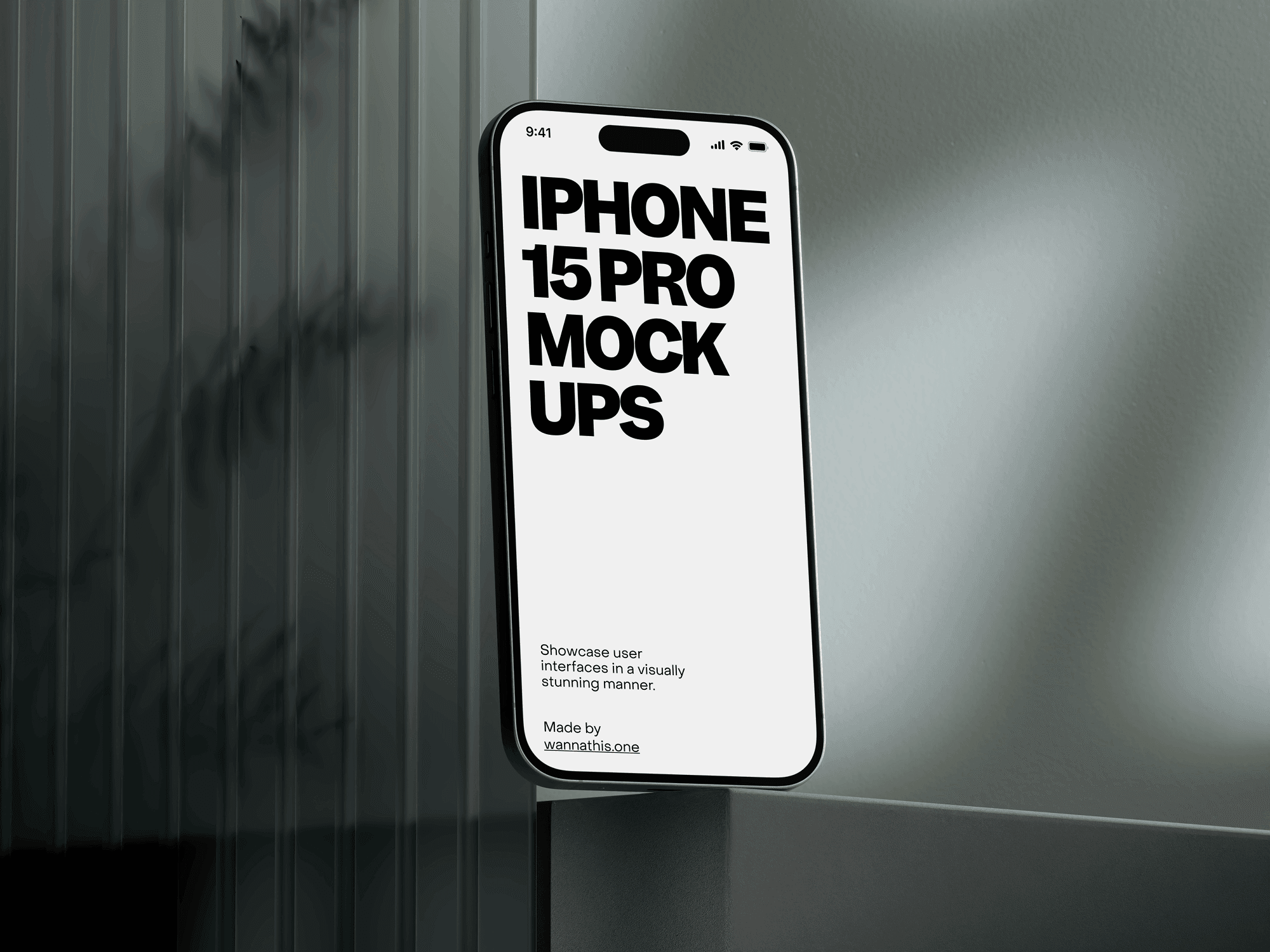 iPhone 15 Pro with a glass panel background reflecting an abstract urban scene