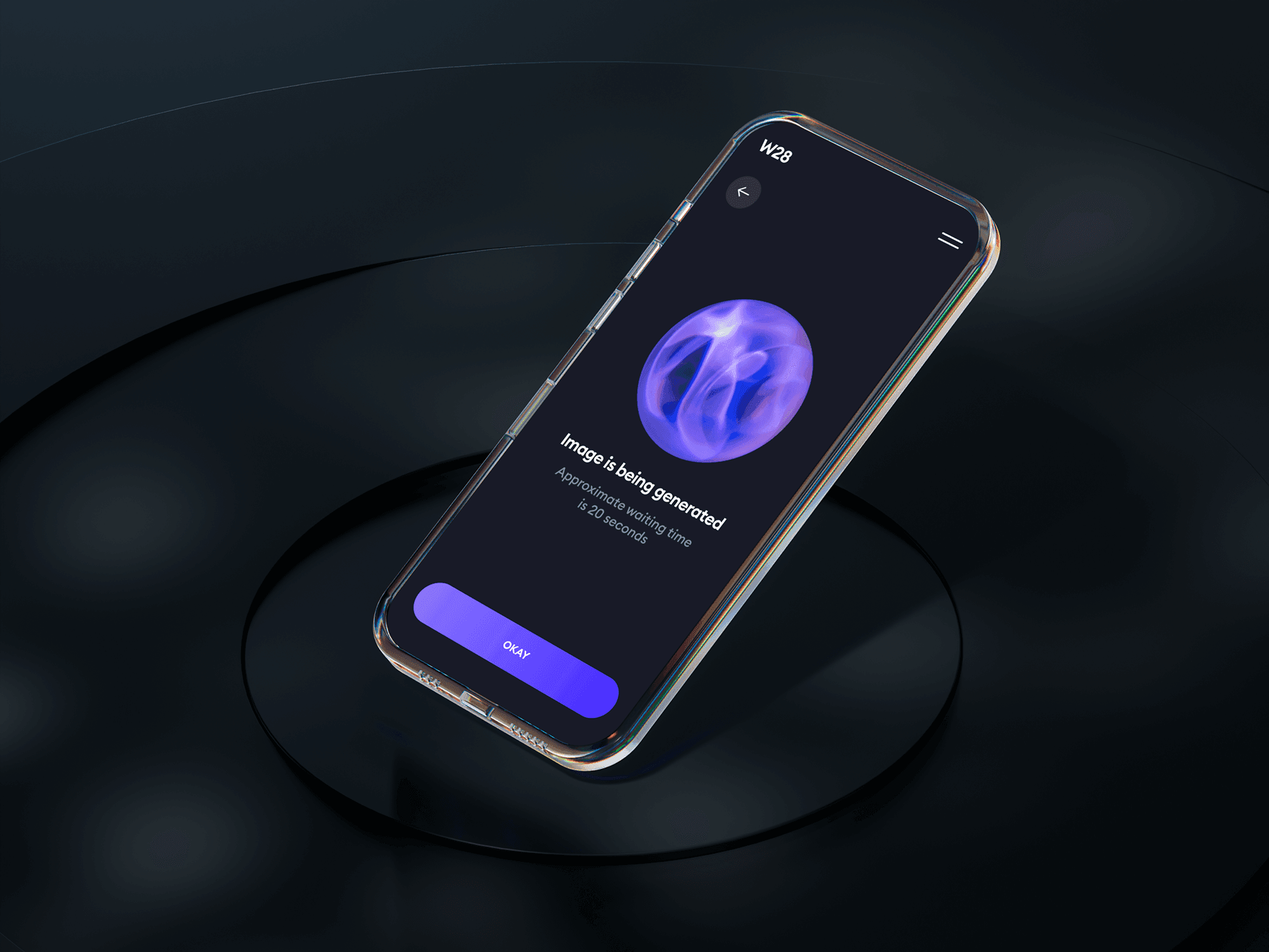 Floating glass phone mockup on a futuristic platform.