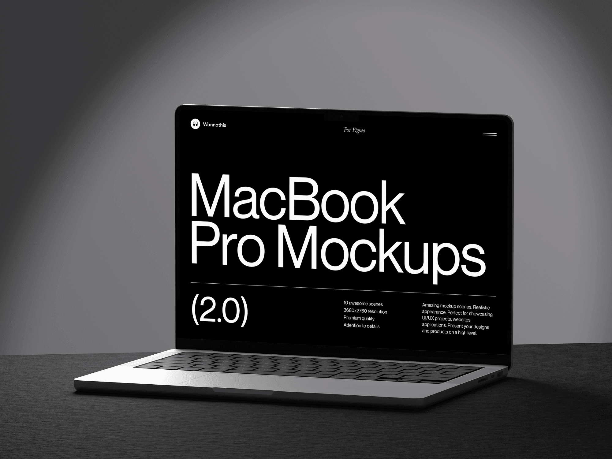 A MacBook Pro mockup in a minimalist black-and-white setting.