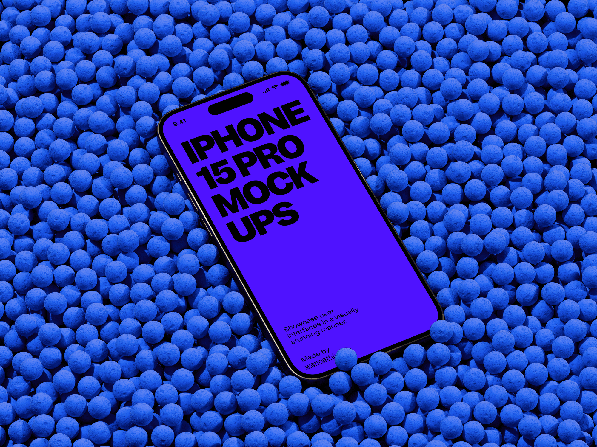 iPhone 15 Pro mockup placed on a sea of textured blue spheres