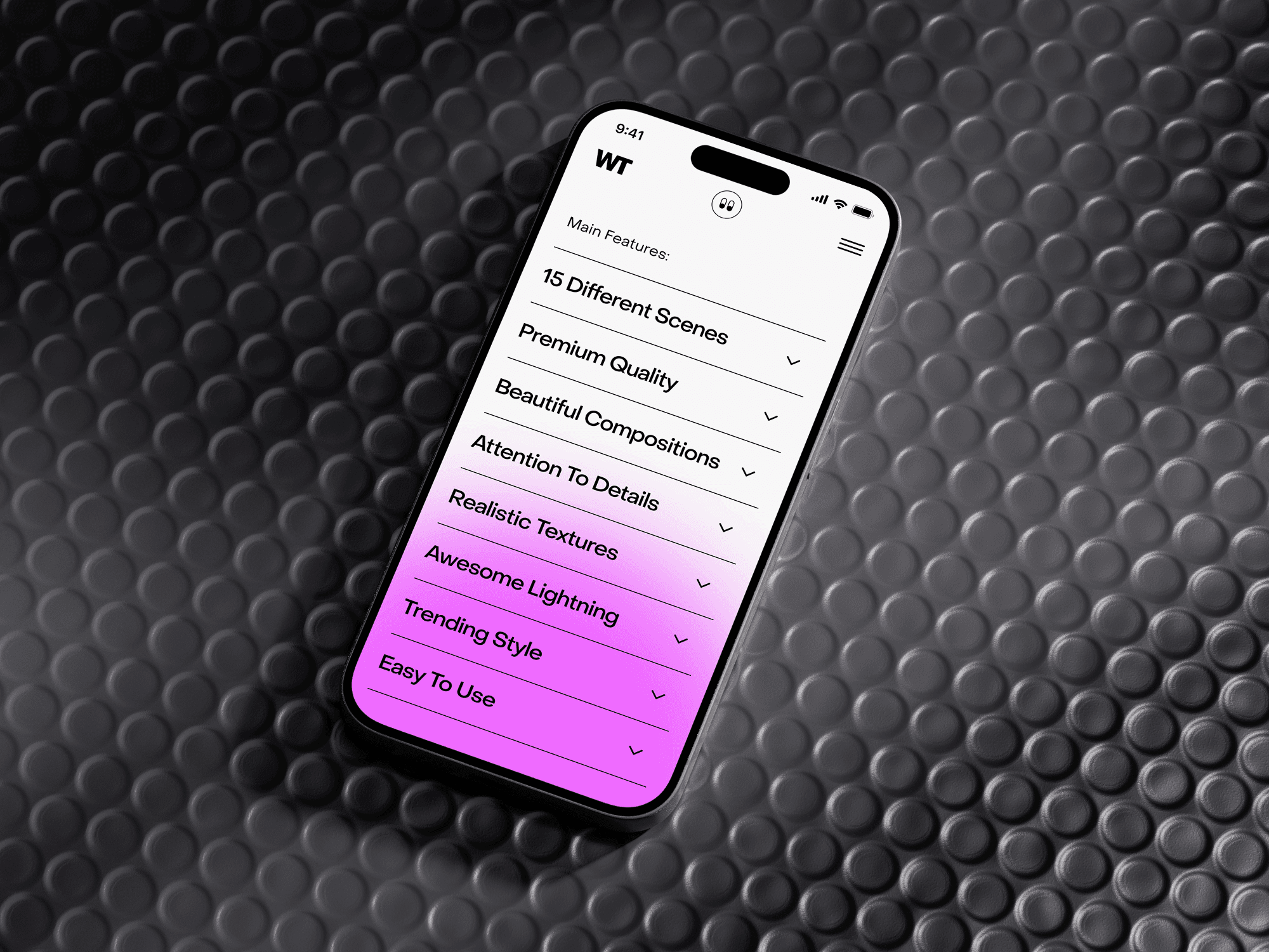 Gradient UI on an iPhone 15 Pro placed on a futuristic black honeycomb surface