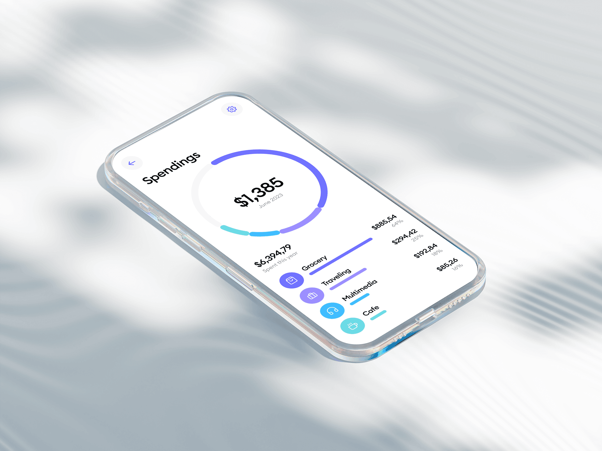 Glass phone mockup placed on a white surface with soft shadows.