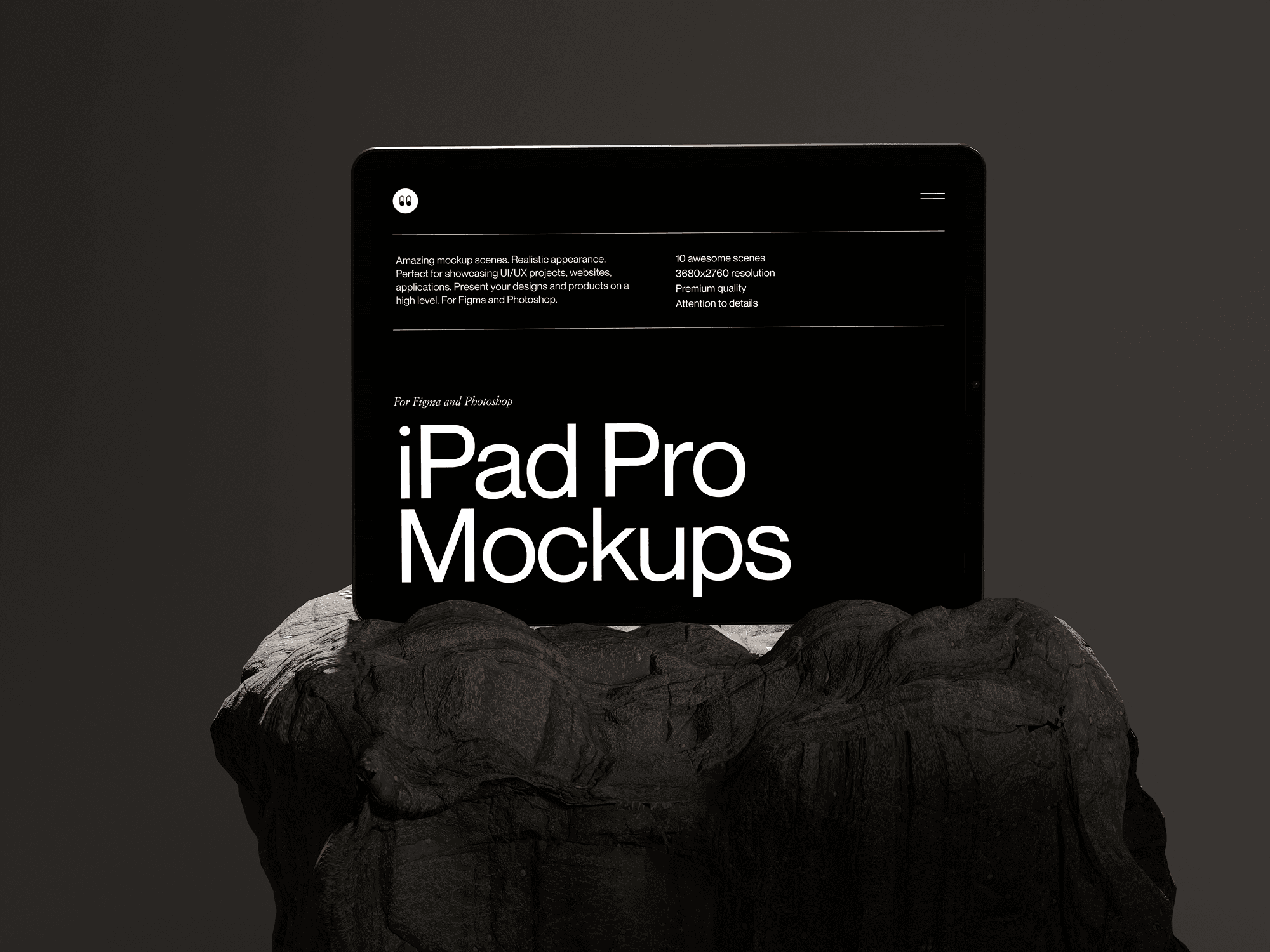 iPad Pro mockup placed on an elevated rock surface under soft lighting.