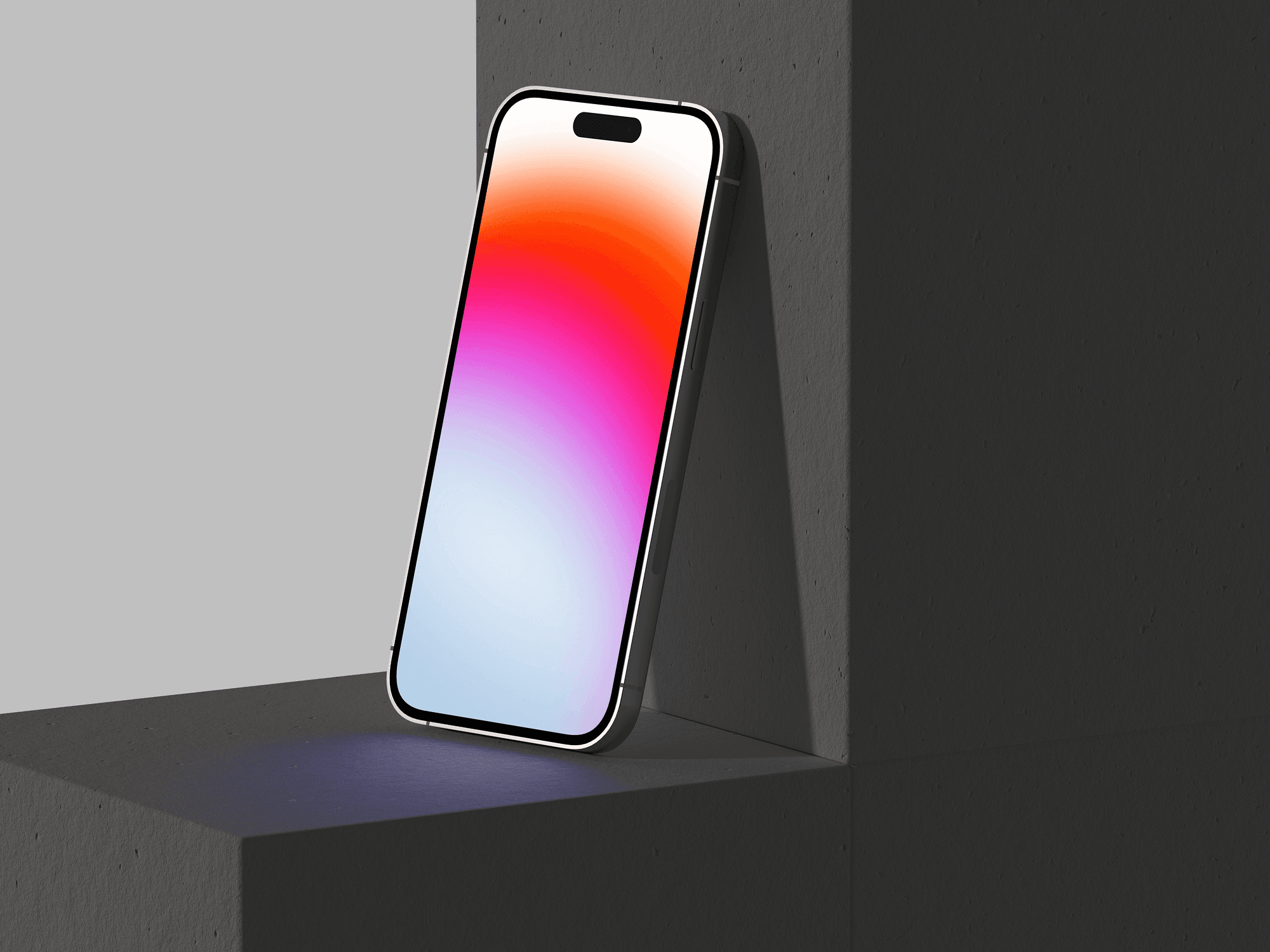 iPhone 14 Pro leaning against a sharp-edged black structure with moody lighting.