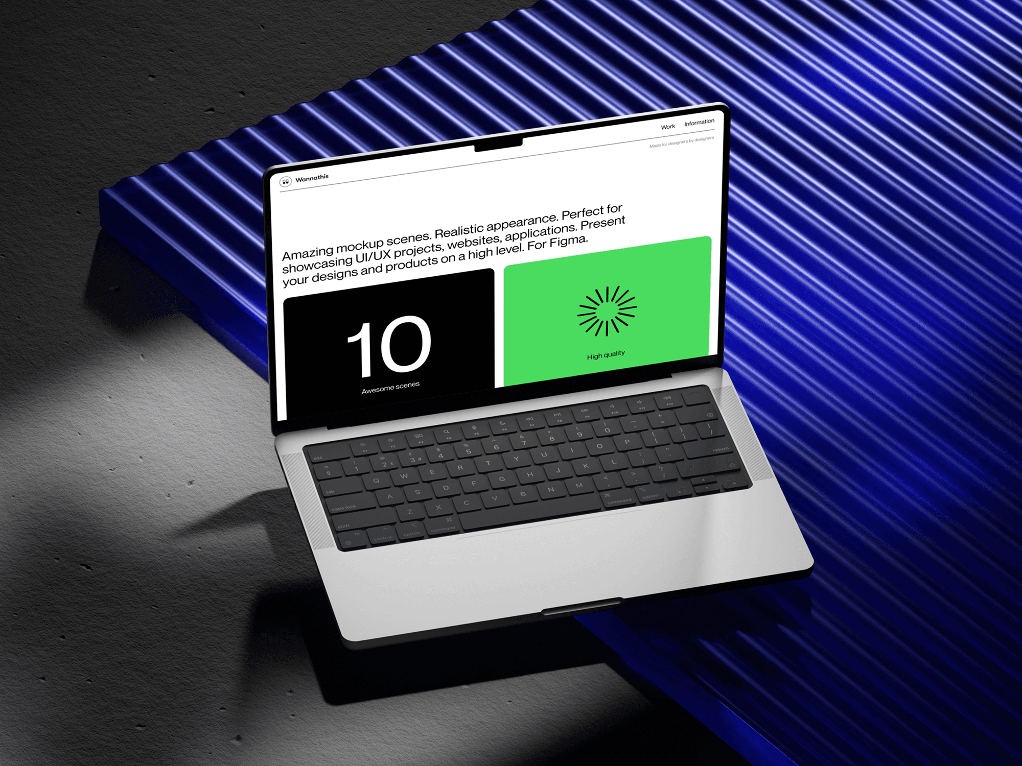 MacBook Pro mockup placed on a blue industrial surface