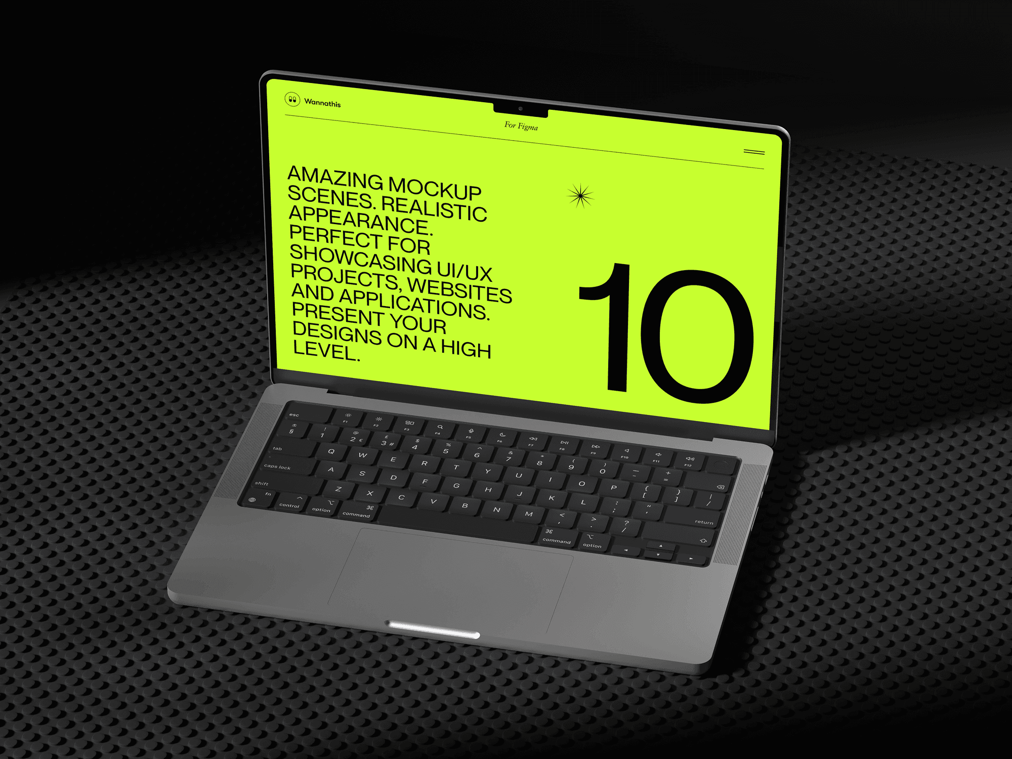 A MacBook Pro mockup on a textured black grid with high contrast lighting.