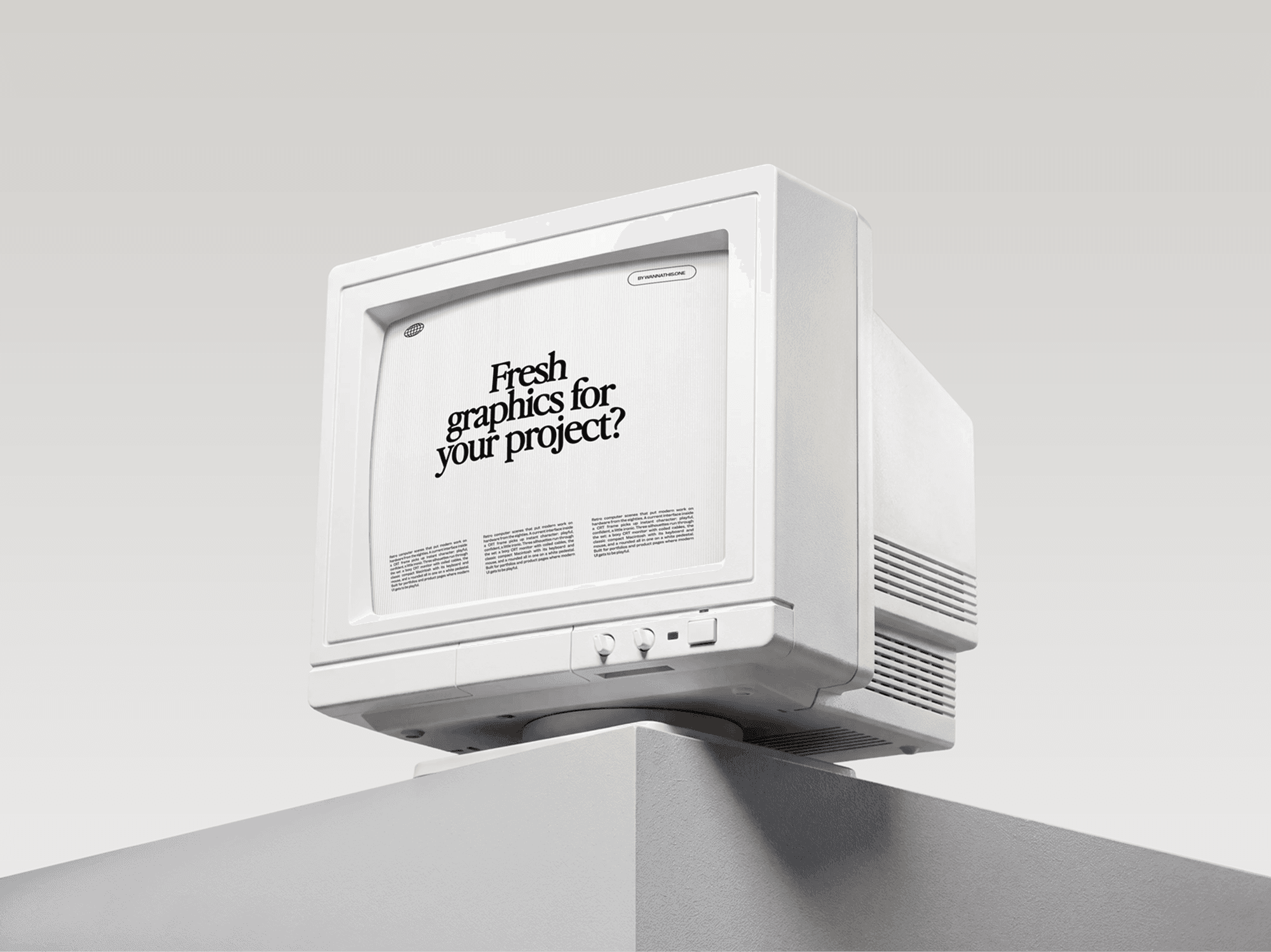 Beige CRT monitor sitting on the corner of a grey plinth with space above the case
