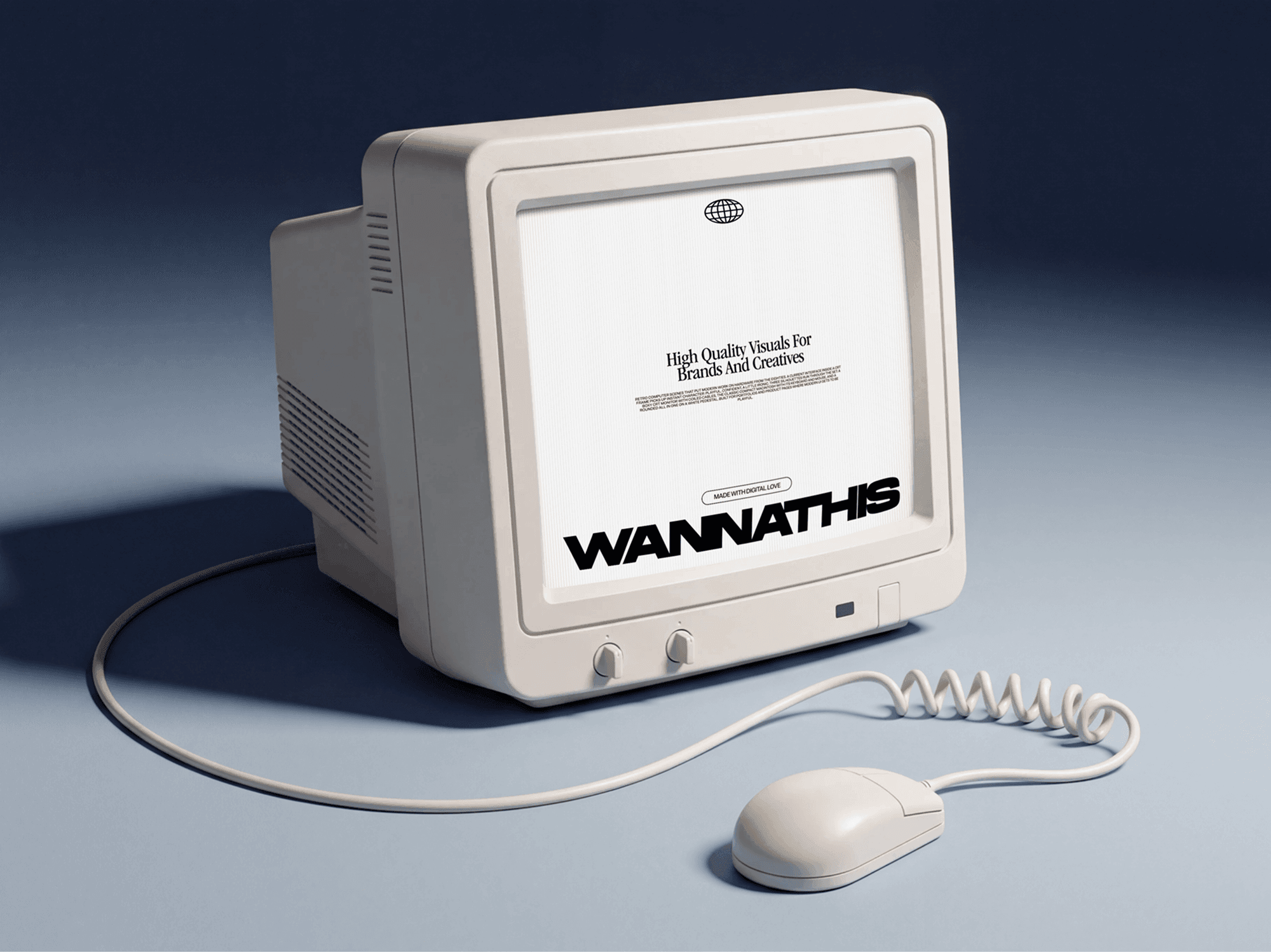 Beige CRT monitor turned three quarters with a coiled cable running to a mouse