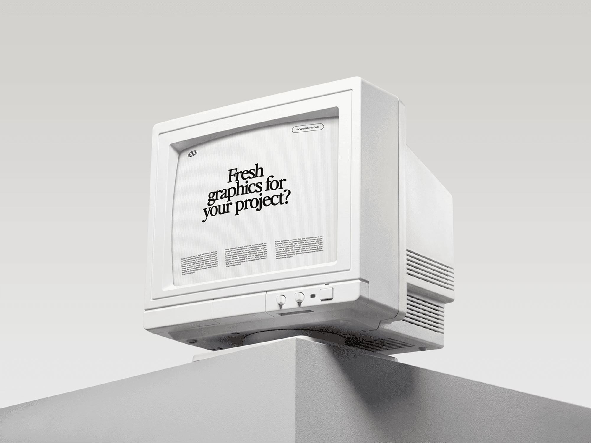 Beige CRT monitor resting on the corner of a pale plinth shot from underneath