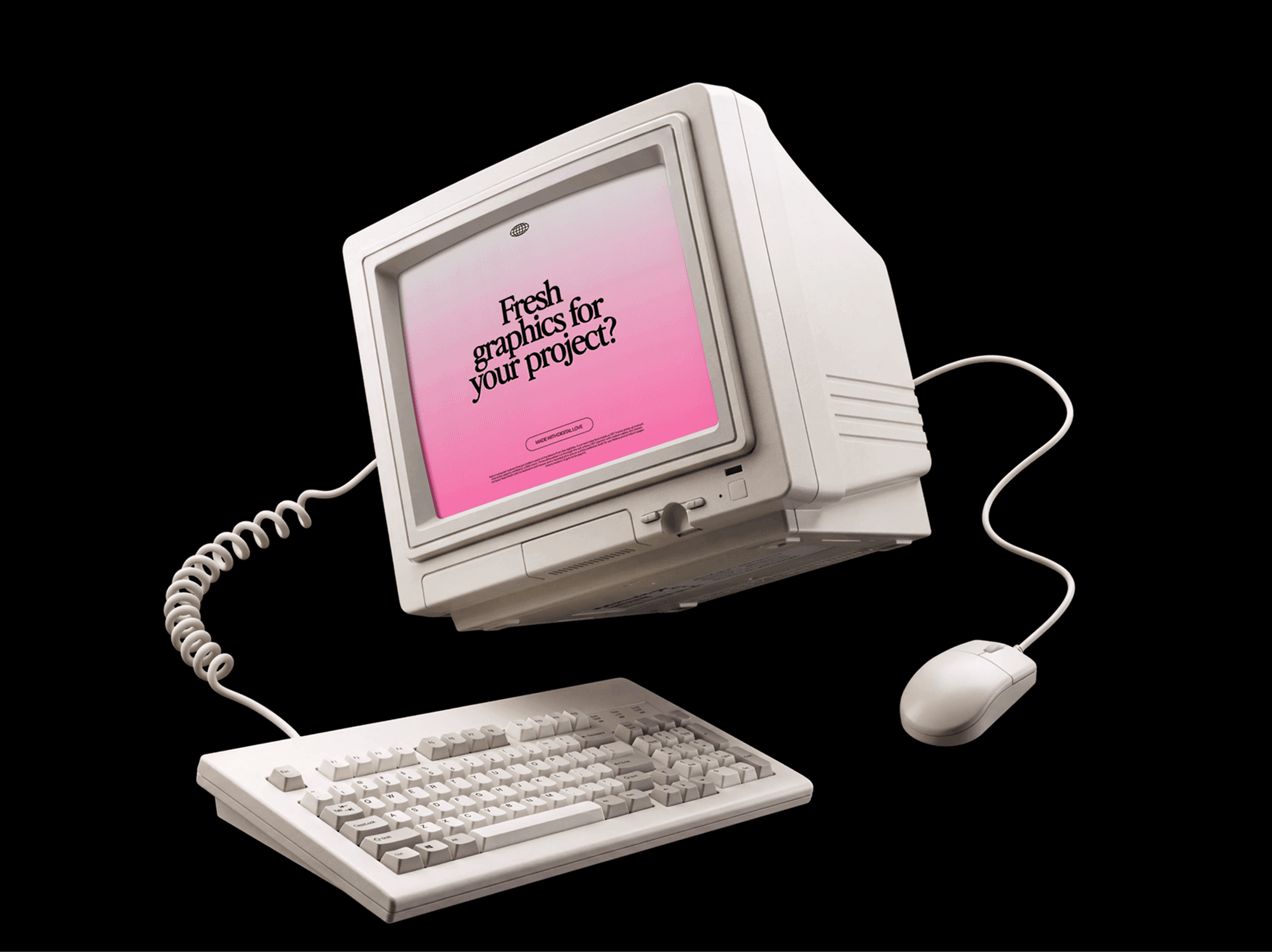 CRT monitor suspended in mid air above a floating keyboard against a black backdrop