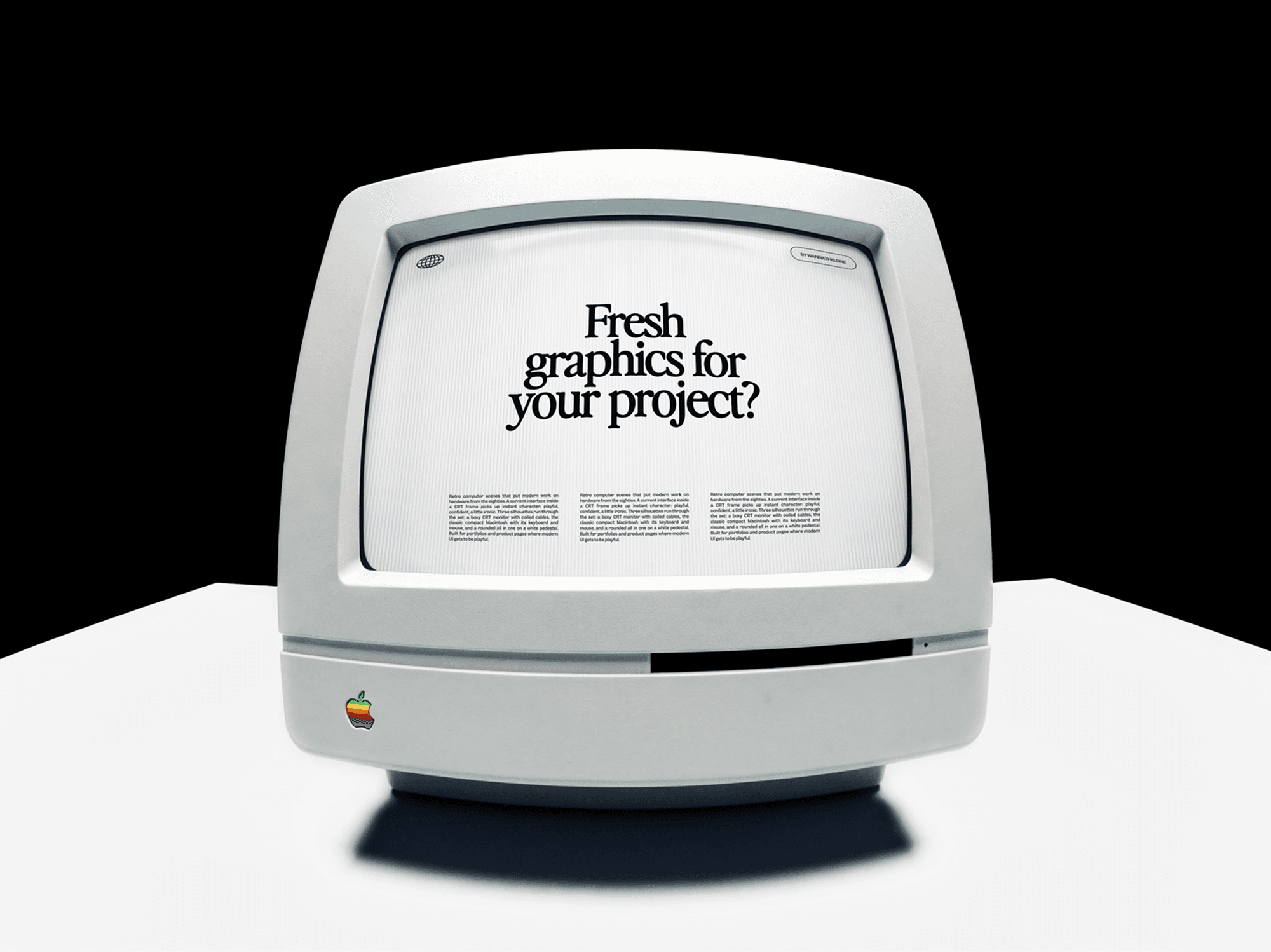 Rounded retro all in one computer viewed straight on from the front on a white table