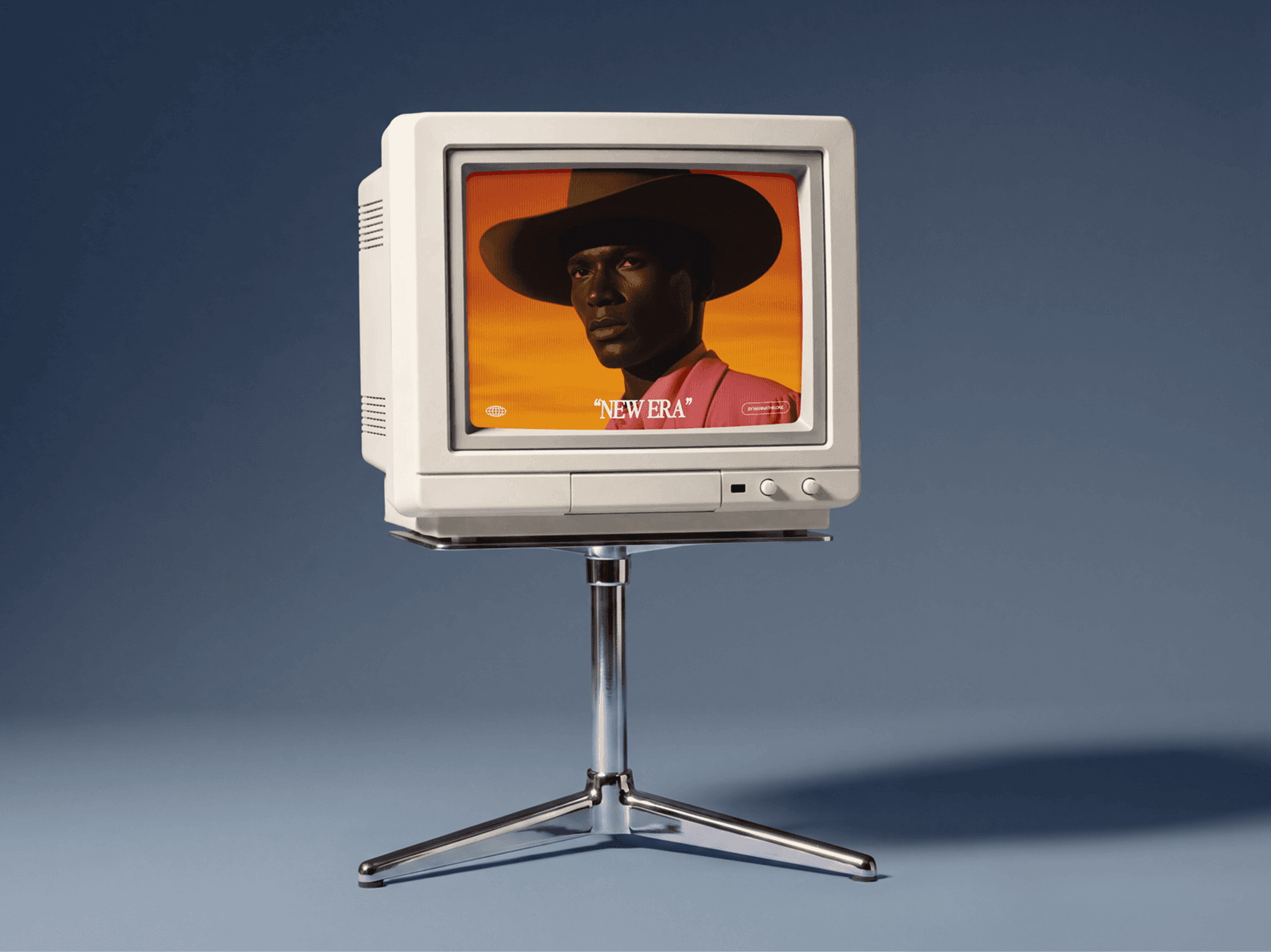 Beige CRT monitor raised on a chrome column stand with a four legged metal base