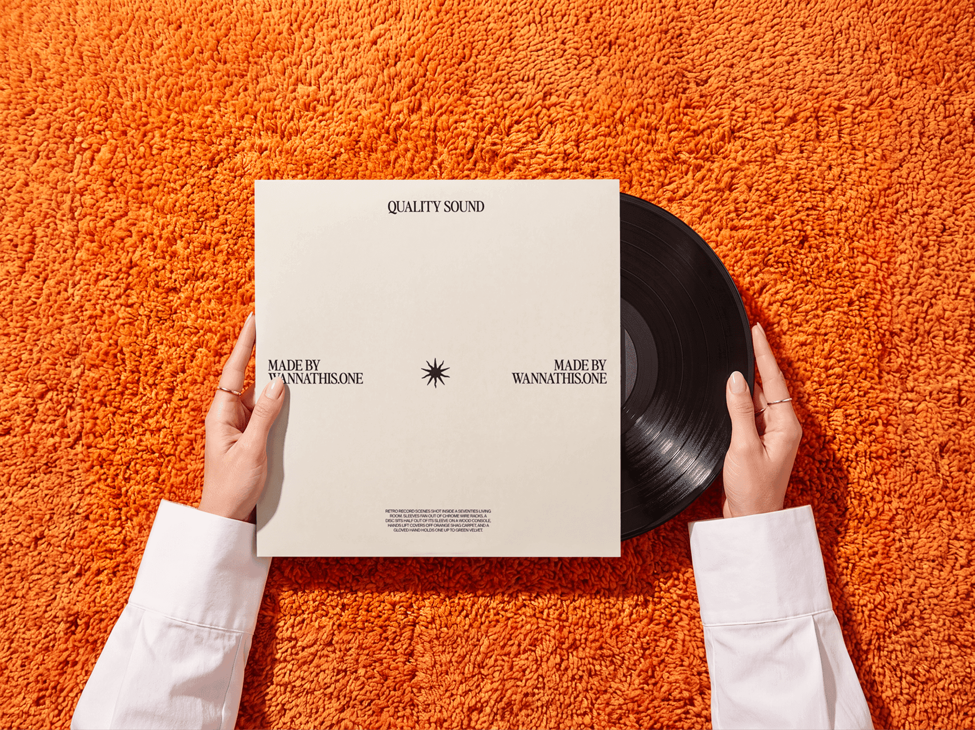 Hands sliding a vinyl record halfway out of its printed sleeve