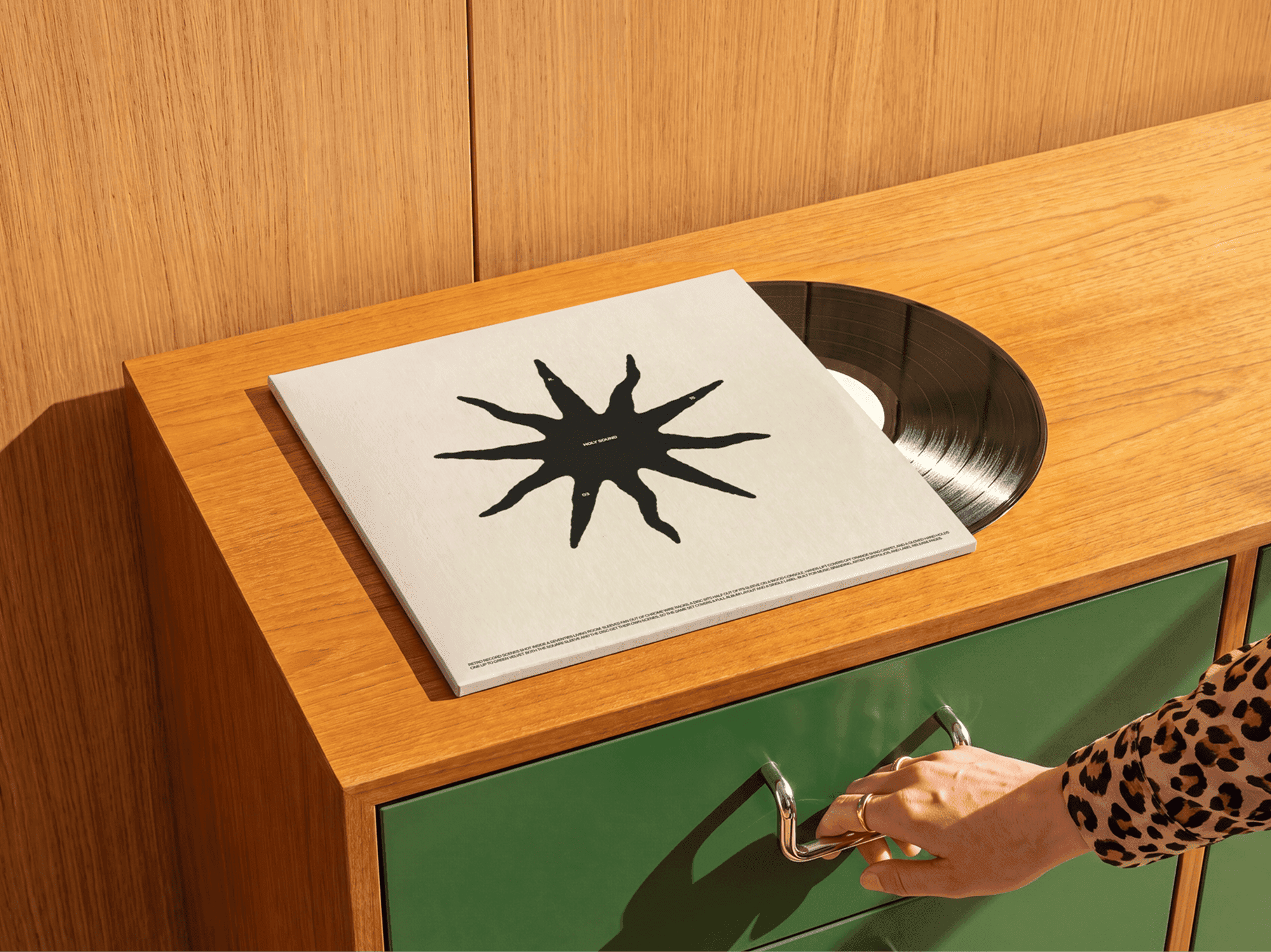 Vinyl record sleeve resting against a wooden cabinet with the disc showing