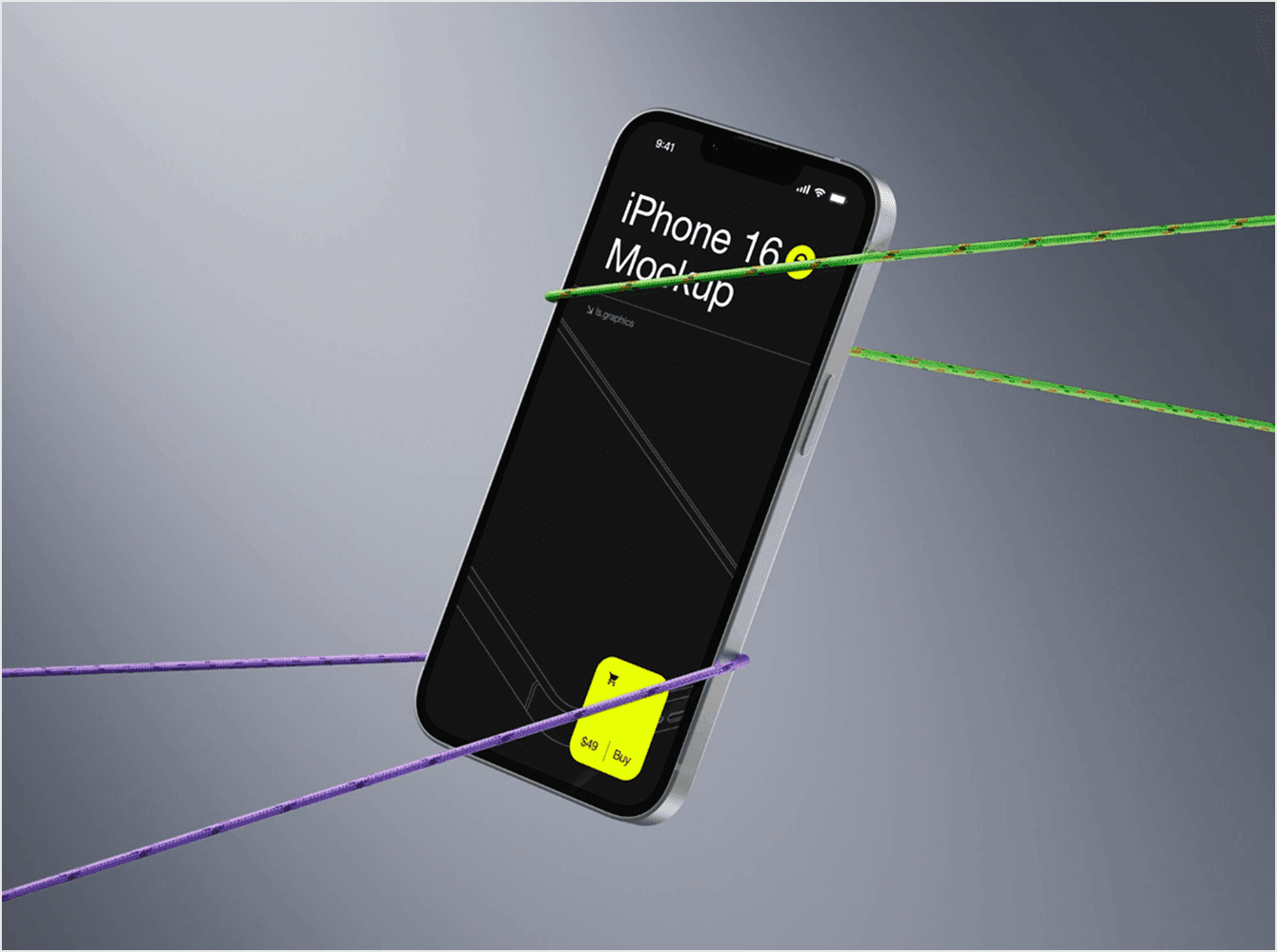 iPhone mockup with dark screen floating diagonally held by colorful ropes on gray background