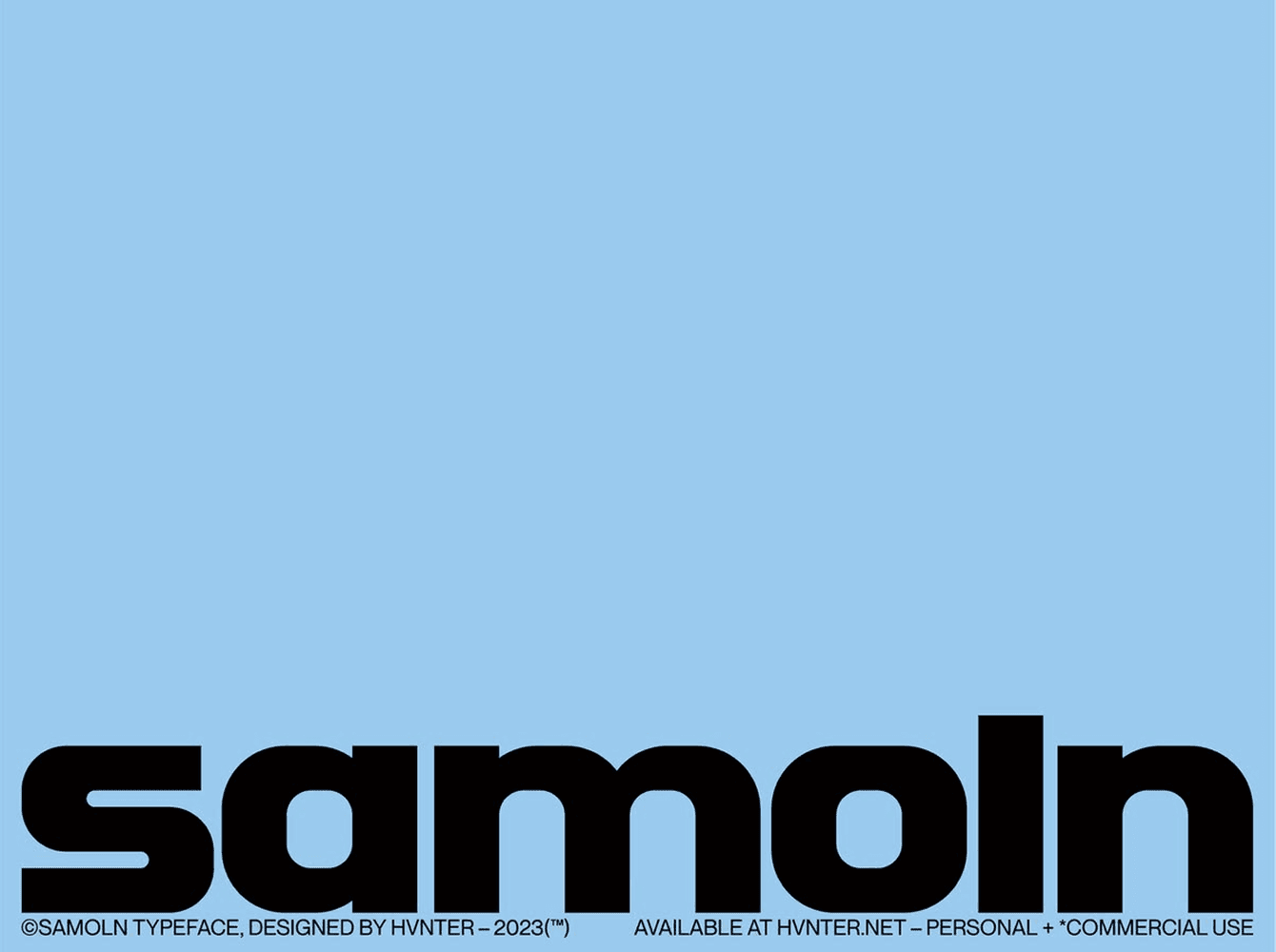 Samoln typeface set in a wide ultra-bold rounded sans, heavy black lowercase on light blue, a punchy grotesque display font for logos and large headlines