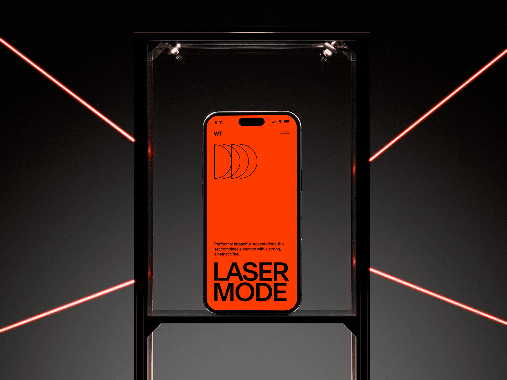 Vertical phone mockup framed and surrounded by sharp red laser lighting