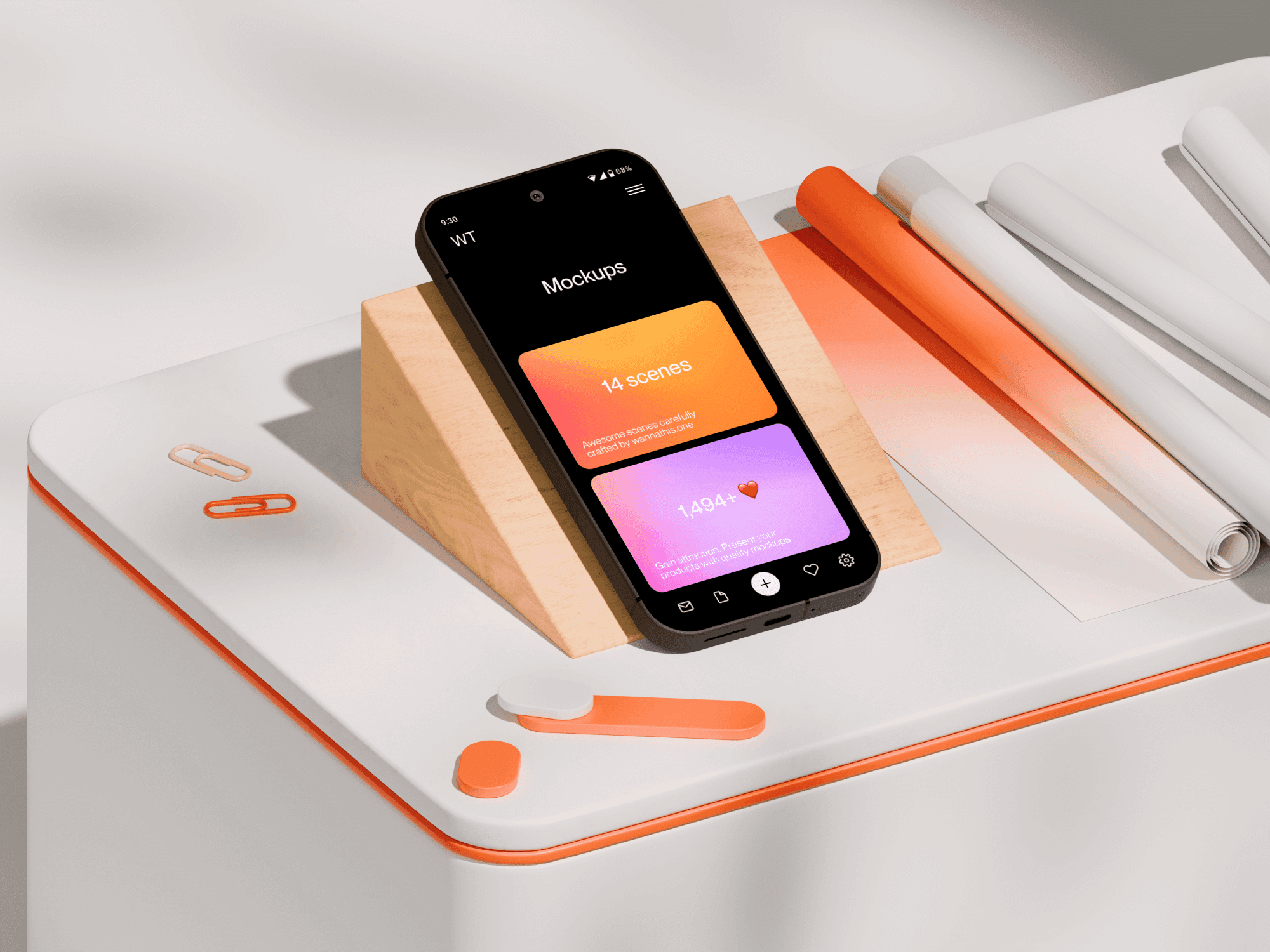 Pixel 9 Pro mockup placed on a modern workspace with rolled-up papers.