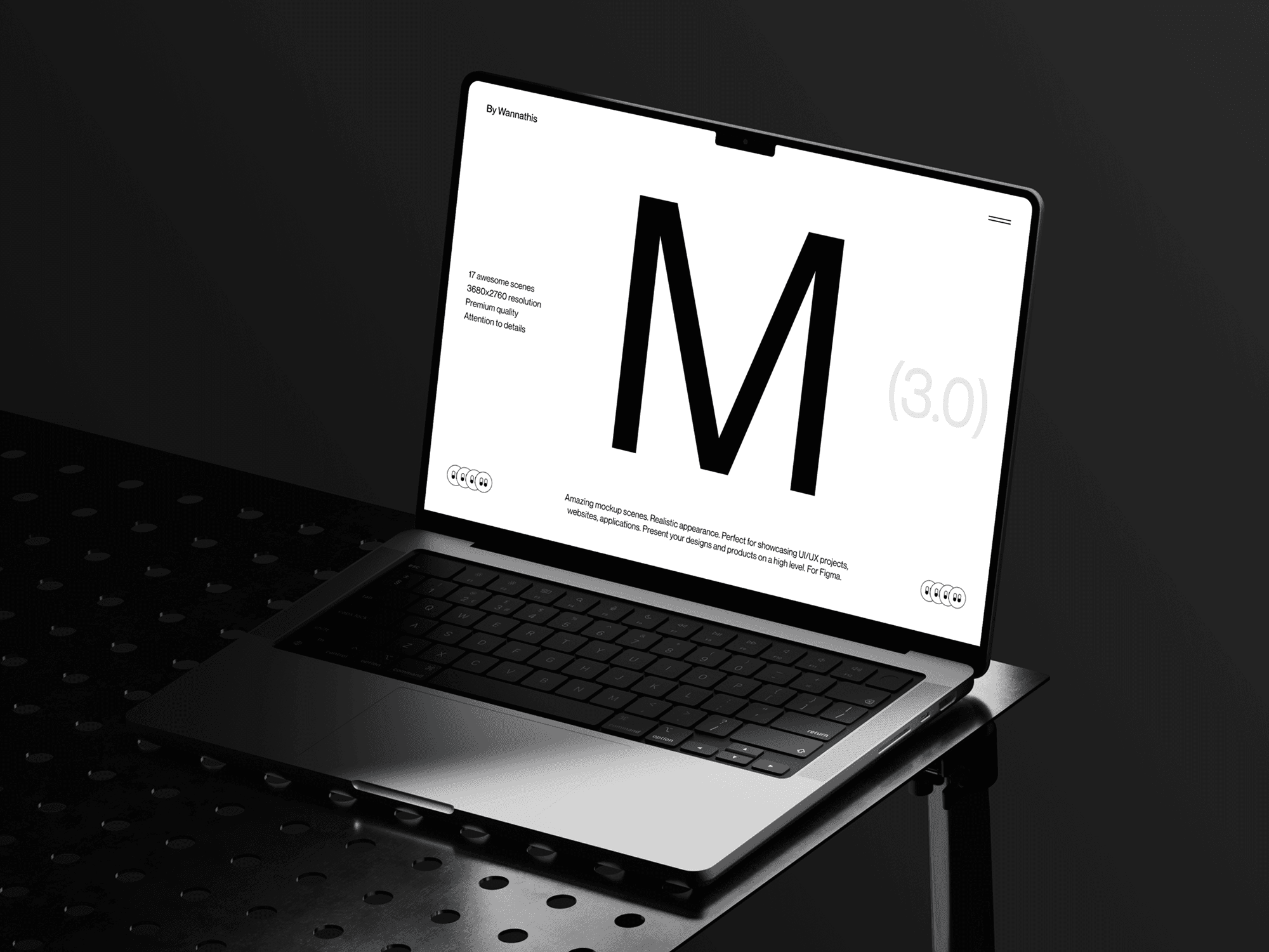 MacBook Pro mockup floating on a modern, reflective black platform