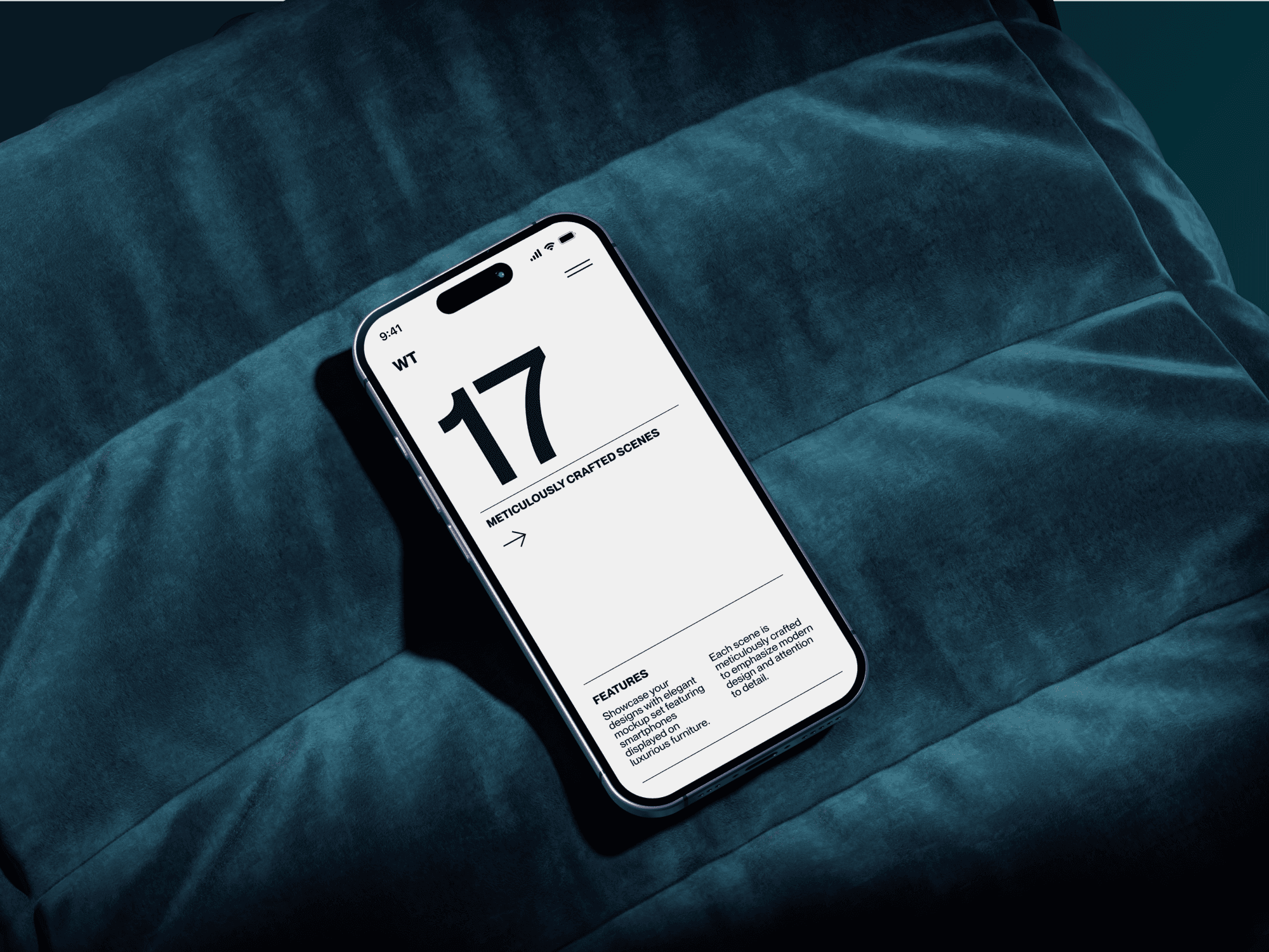 iPhone 16 mockup lying on a plush blue cushion with soft lighting.