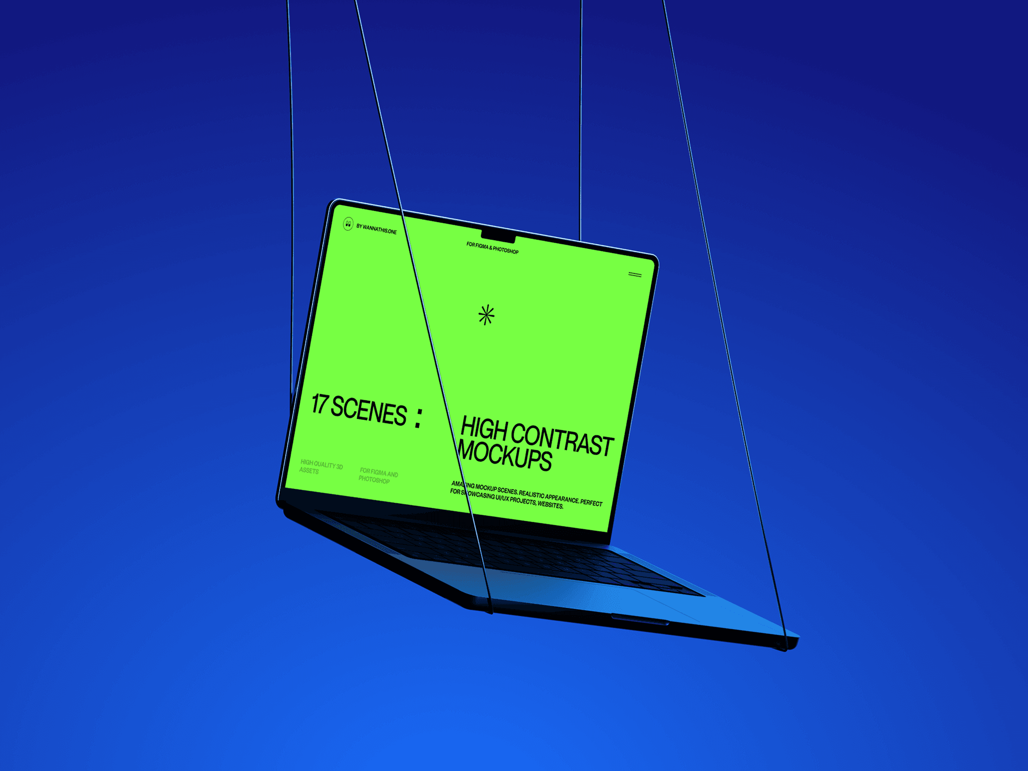 A suspended MacBook mockup with a bright green screen, appearing as if floating in mid-air.