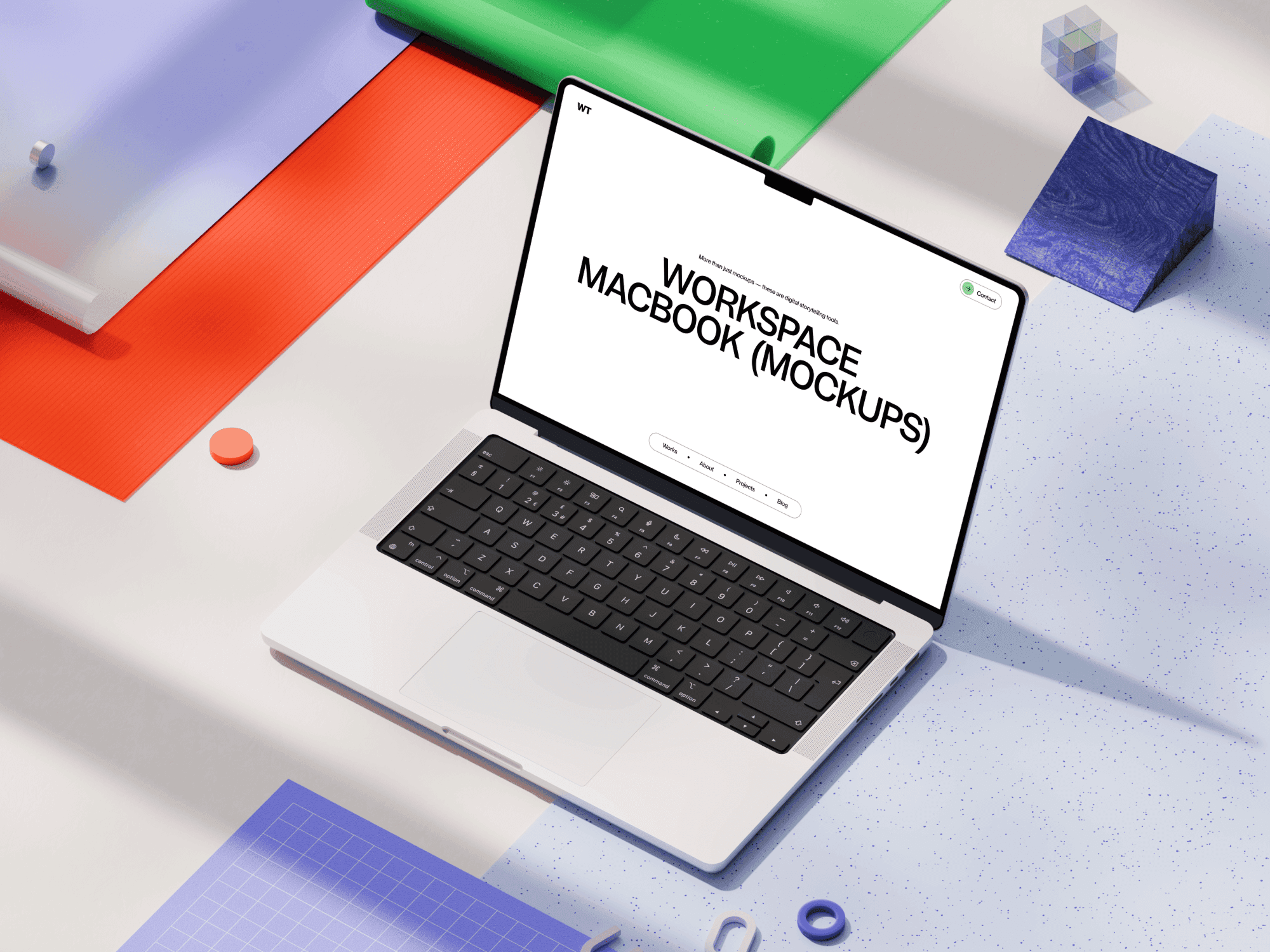 Workspace MacBook Pro mockup in a colorful setting