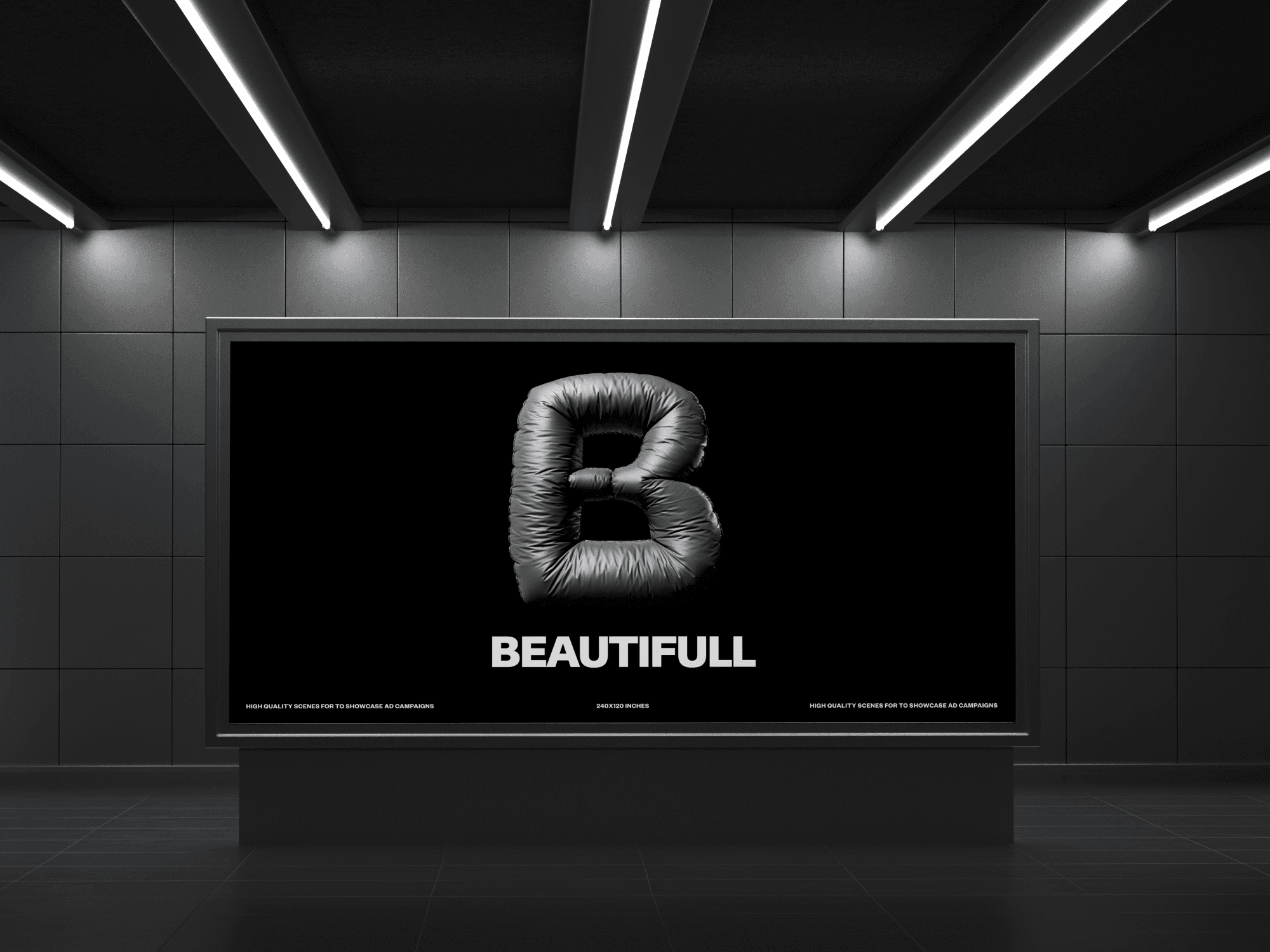 Ultra-wide black billboard mockup in a futuristic dark space