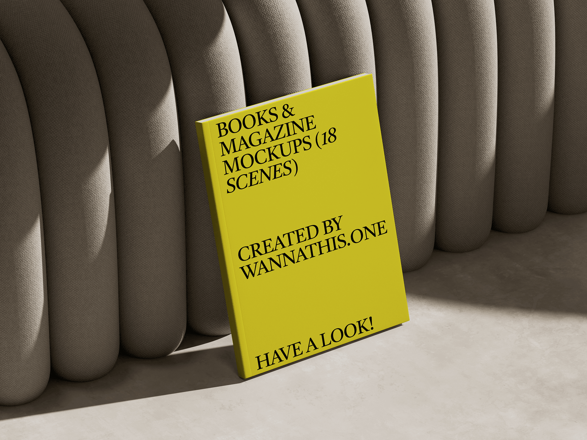 Book mockup standing upright in a minimal interior scene with soft shadows and textured background