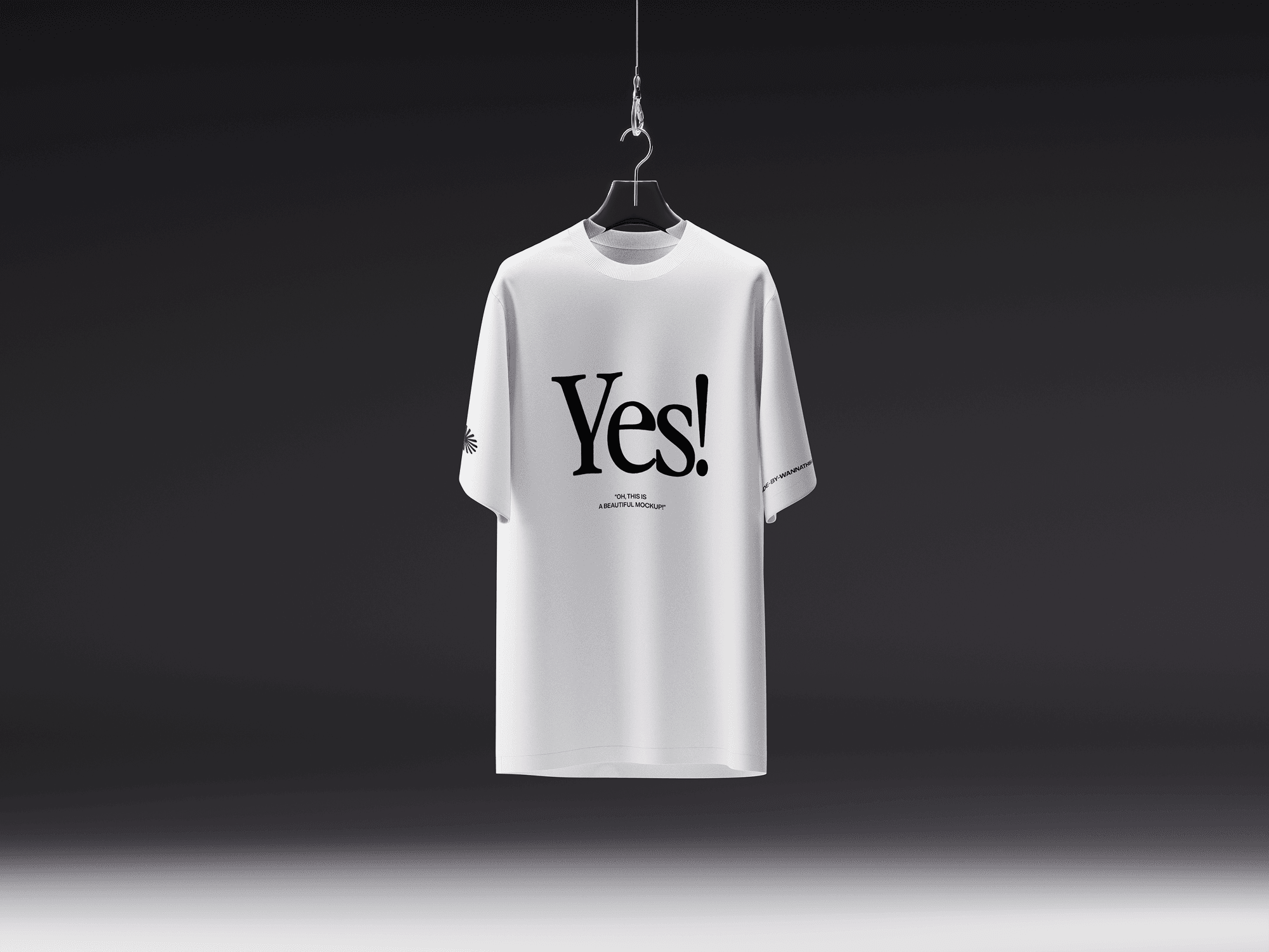 A white t-shirt mockup hanging from a minimalist hanger against a dark background.