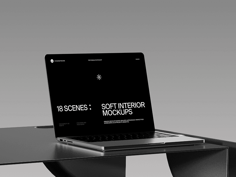 MacBook mockup positioned on a sleek grey desk with minimal lighting
