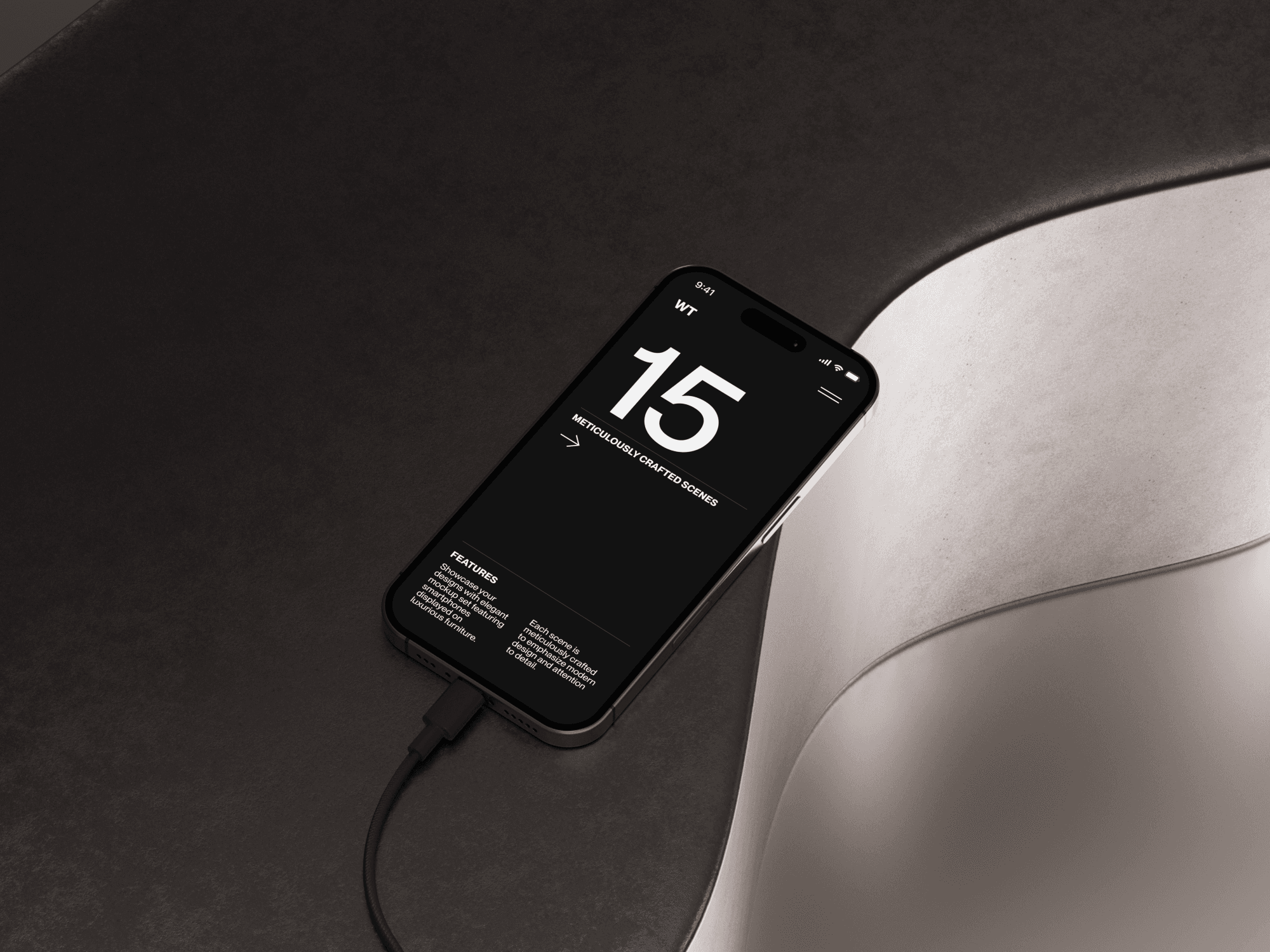 iPhone 16 mockup placed on a curved black and white surface.