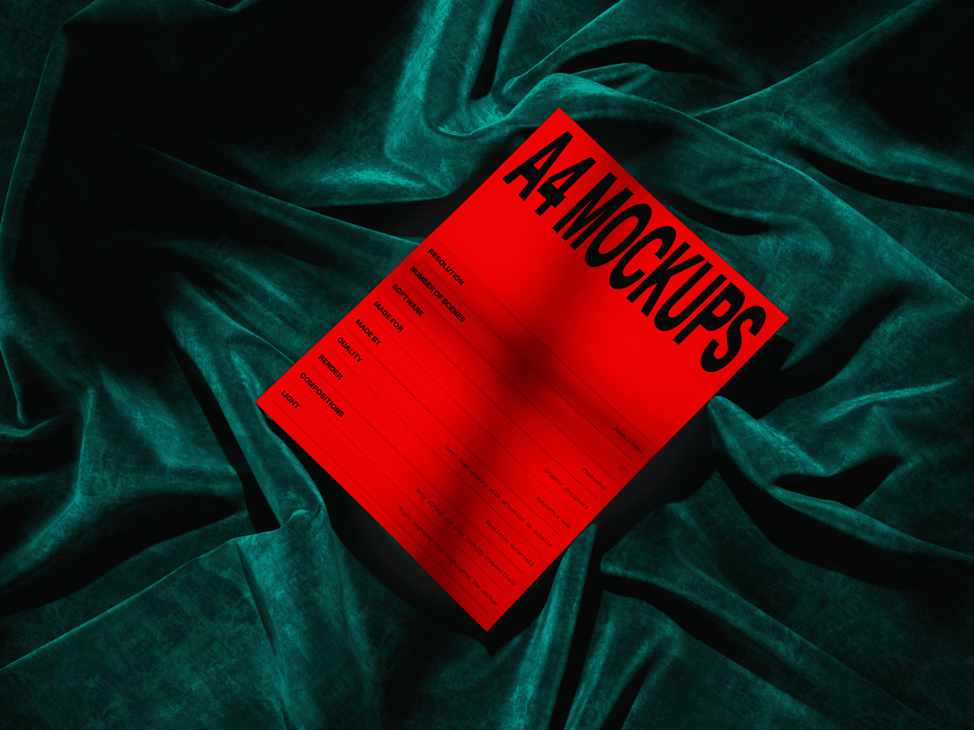 A red A4 paper mockup placed on soft green velvet fabric, with subtle shadows.